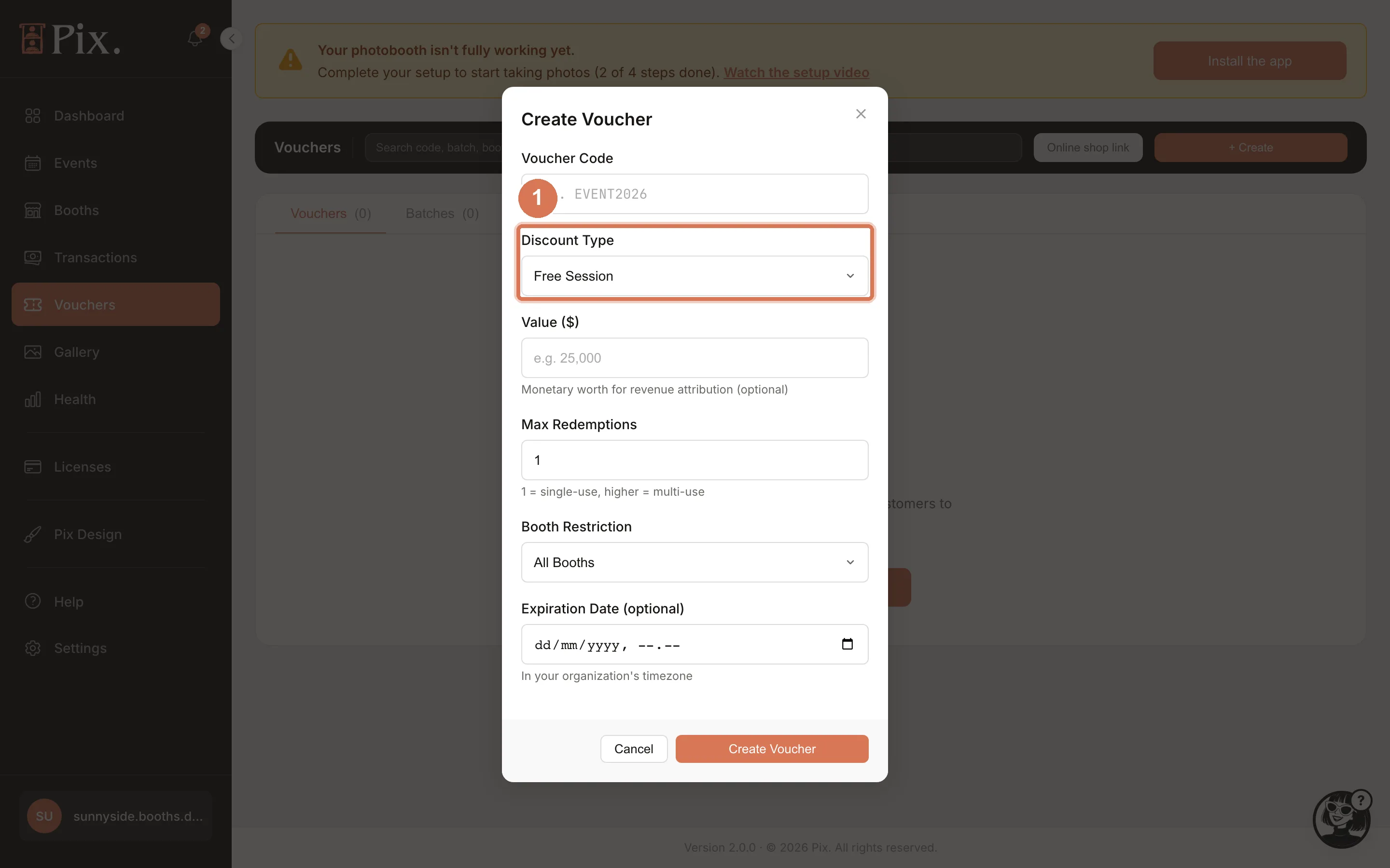 Create Voucher modal with Voucher Code, Discount Type, Discount Value, Max Redemptions, Booth Restriction and Expiration Date