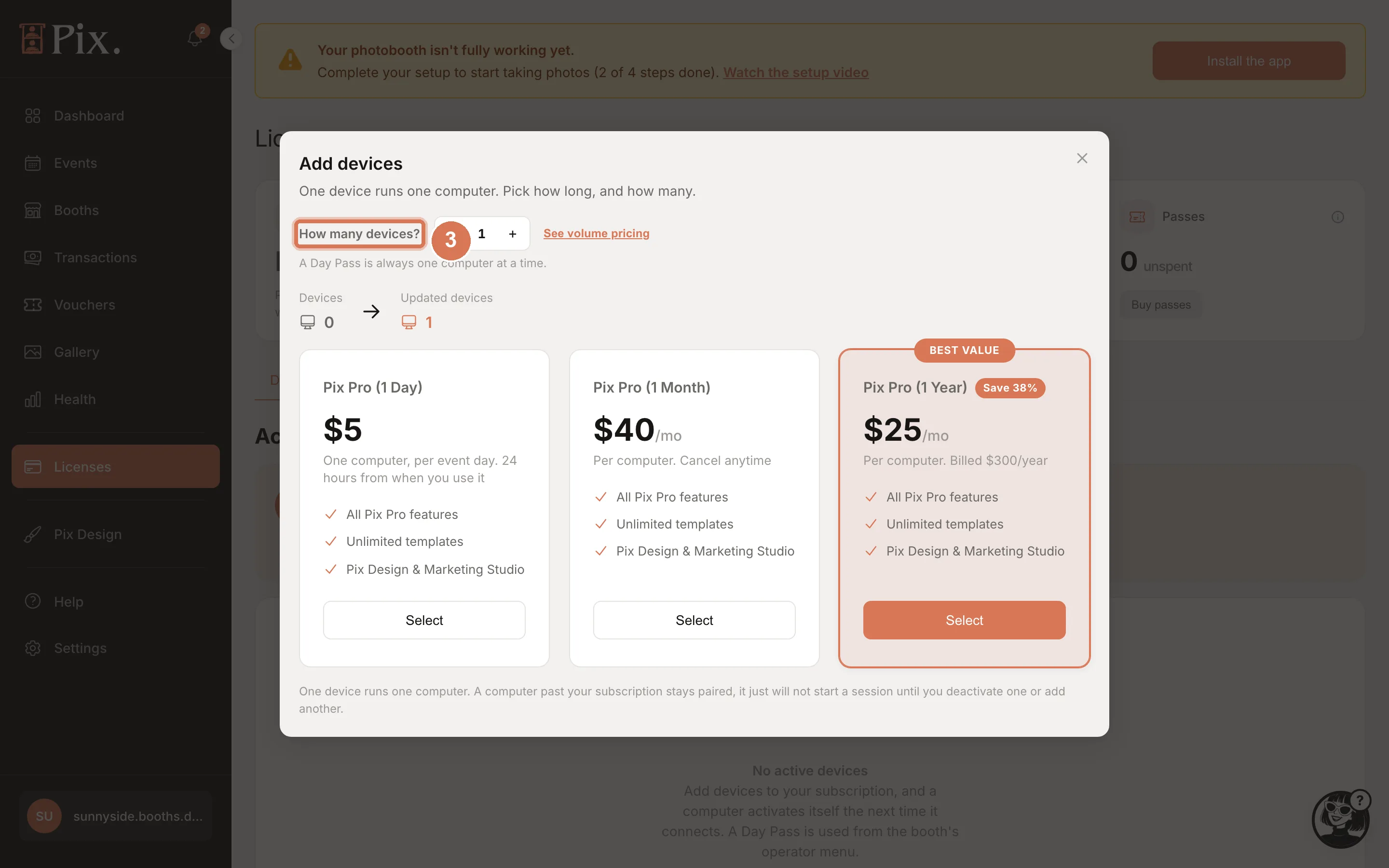 Pix Pro checkout with the How many devices stepper, See volume pricing and the Pix Pro plan cards