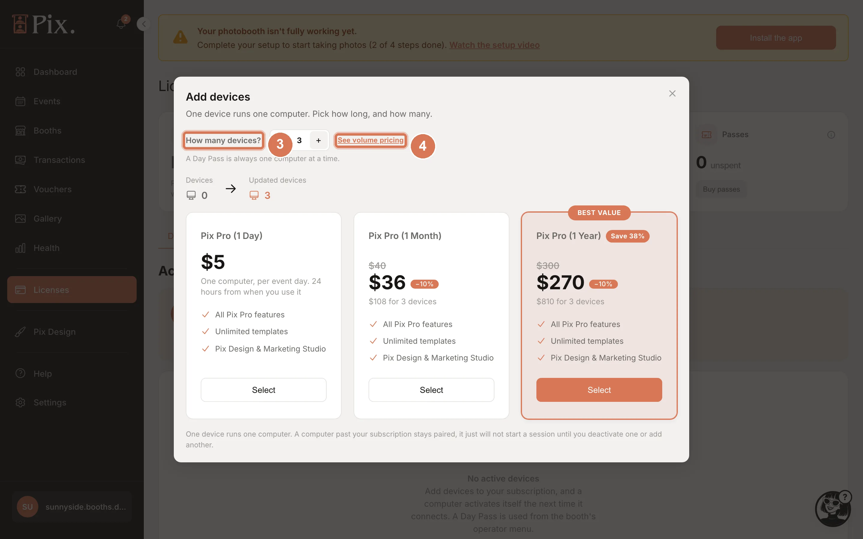 Pix Pro checkout with the quantity stepper set to 3 devices