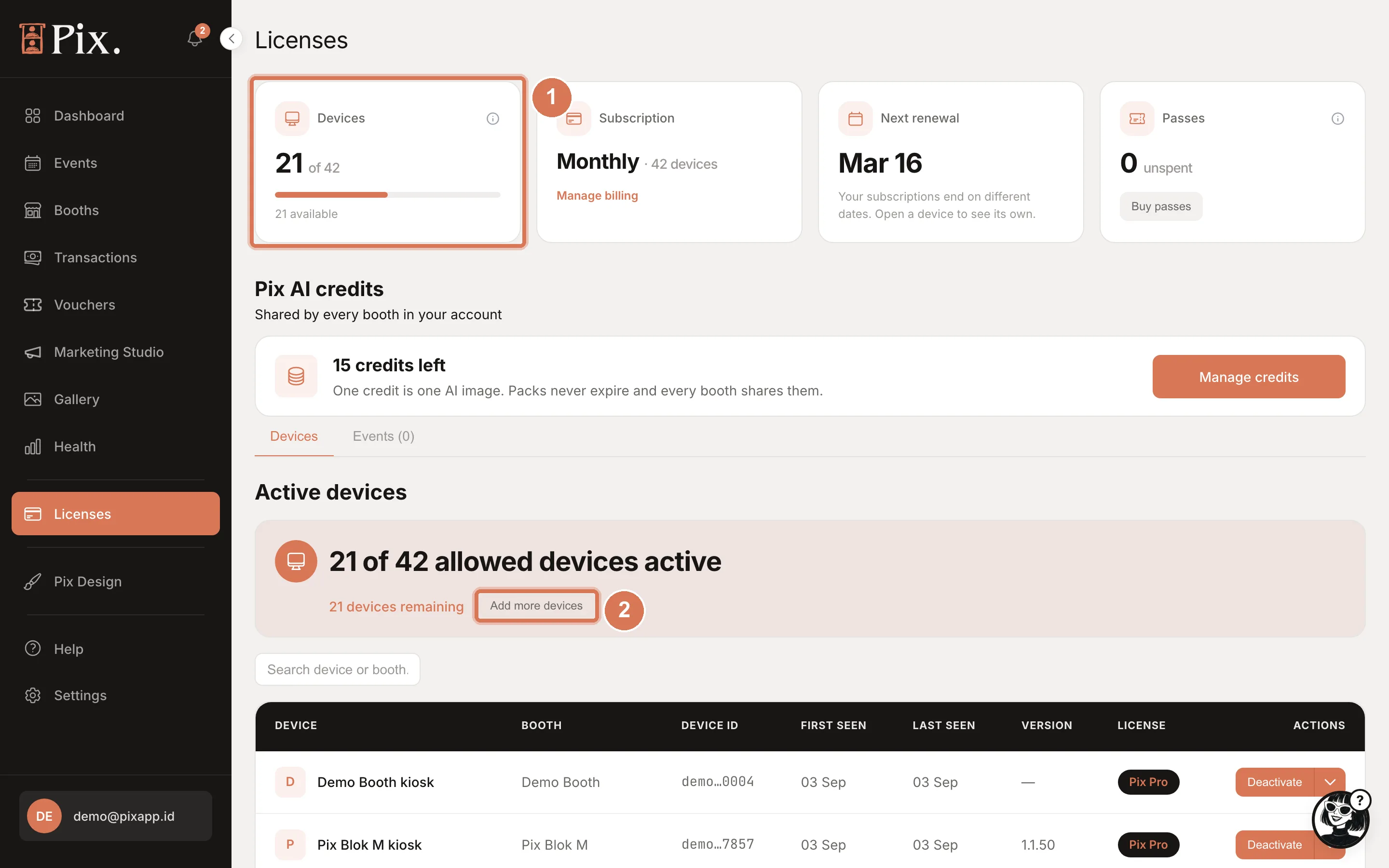 Devices page of a Pix Pro account with the Devices, Subscription, Next renewal and Event Passes cards and the Active devices table