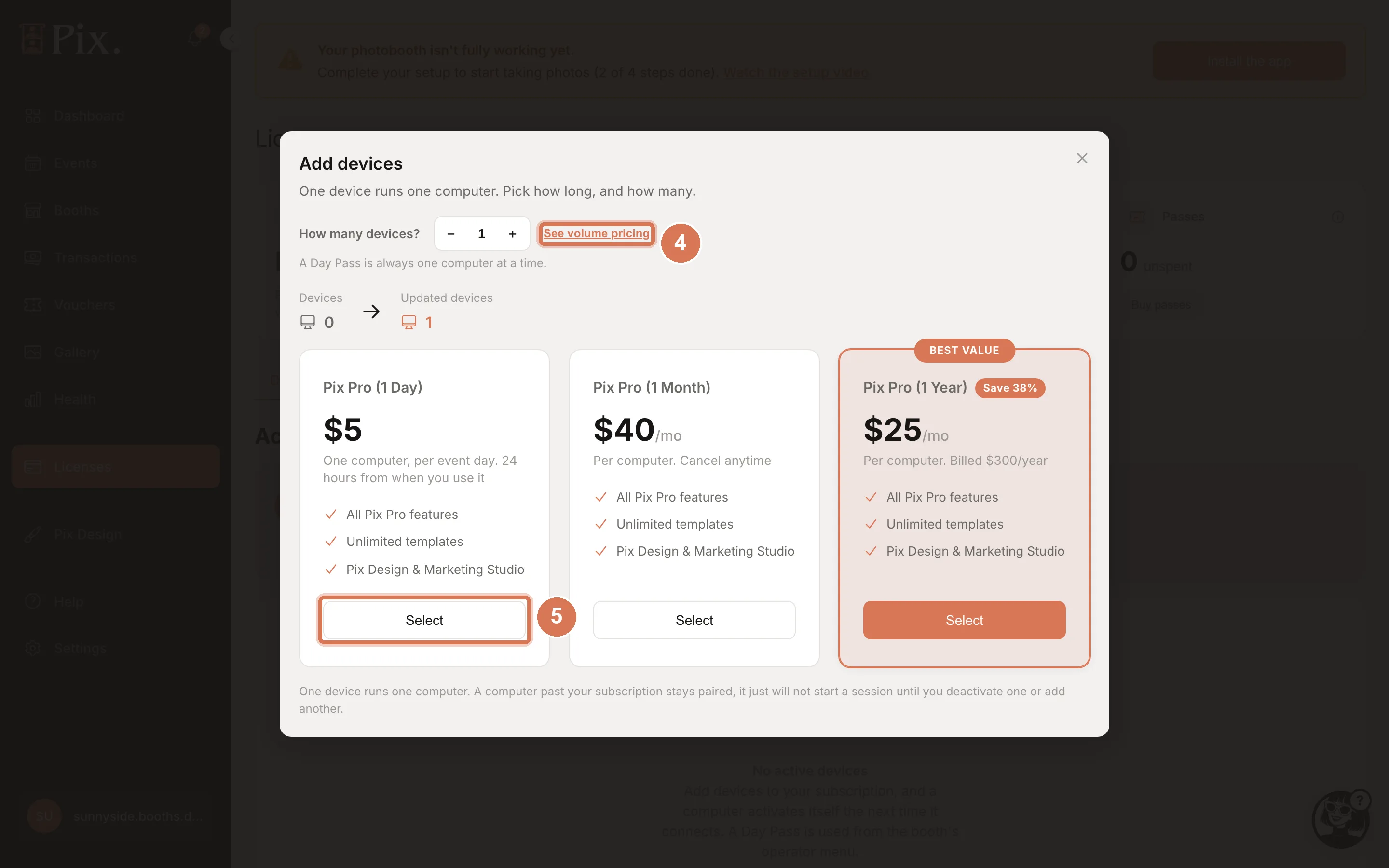 Volume pricing table with Pix Pro Monthly and Yearly prices per quantity