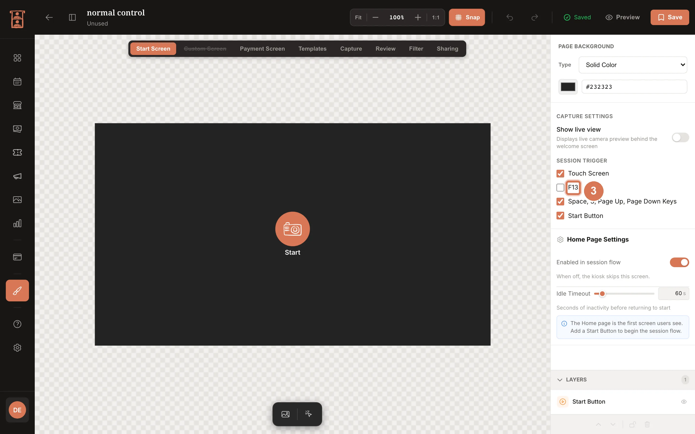UI Editor on the Start Screen with the Session Trigger checkboxes, including F13
