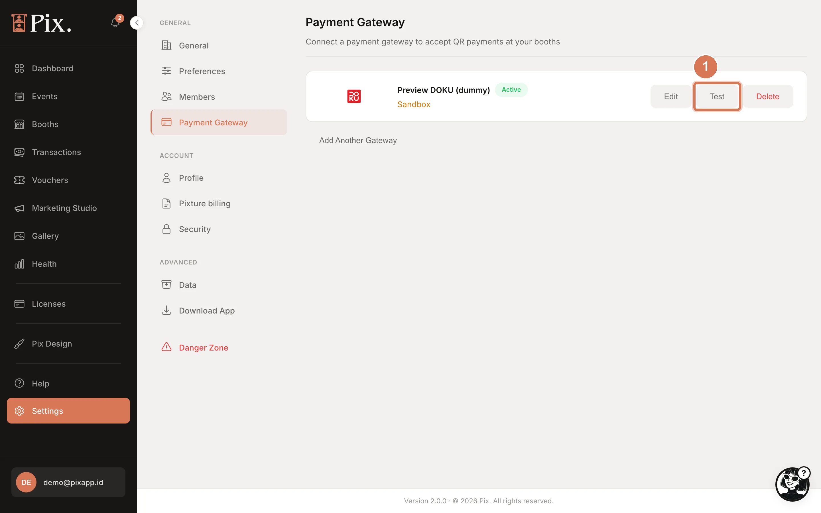 Payment Gateway section with a connected gateway card and its Edit and Test buttons