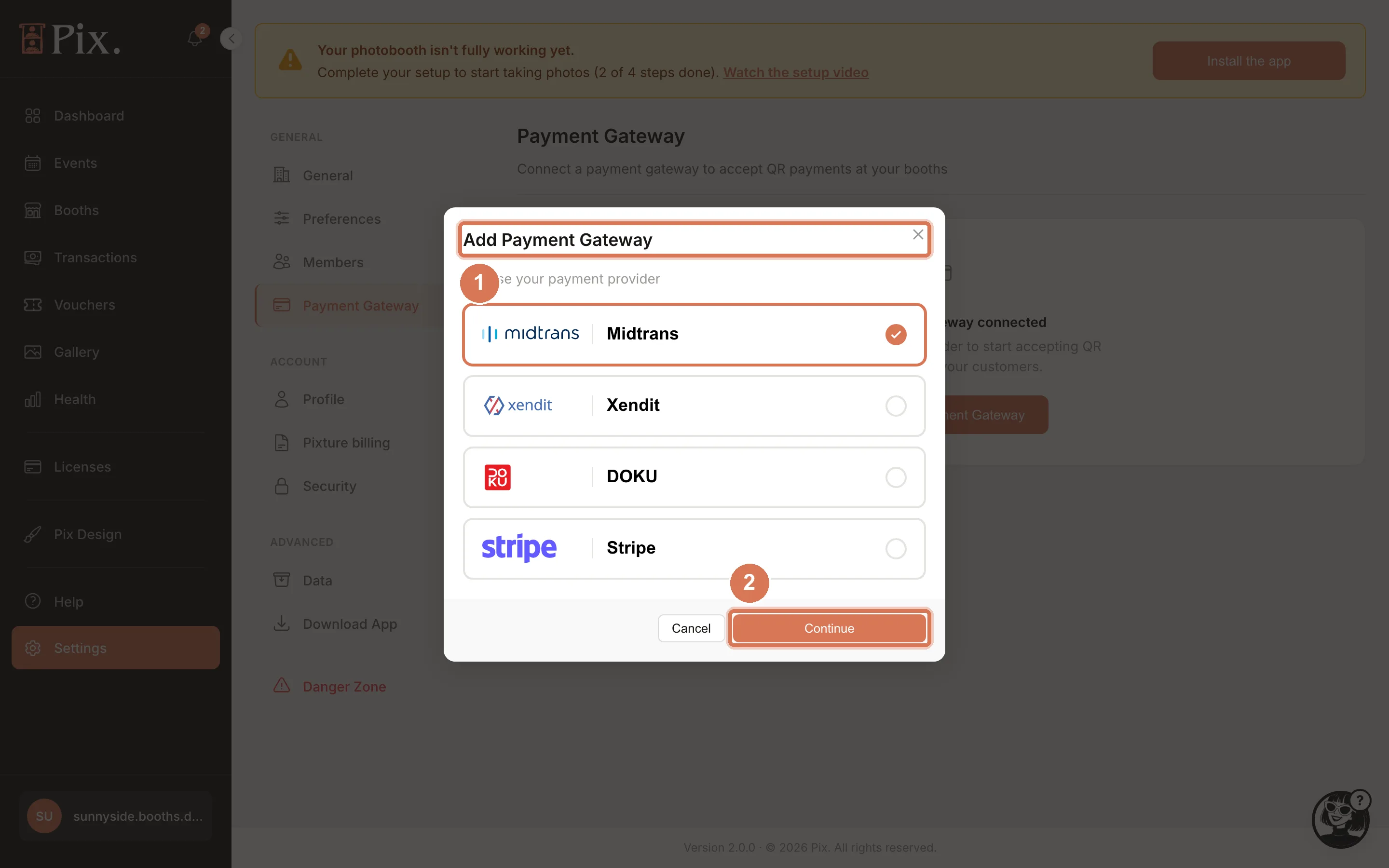 Add Payment Gateway modal, step 1, Choose your payment provider: Midtrans, Xendit, DOKU, Stripe