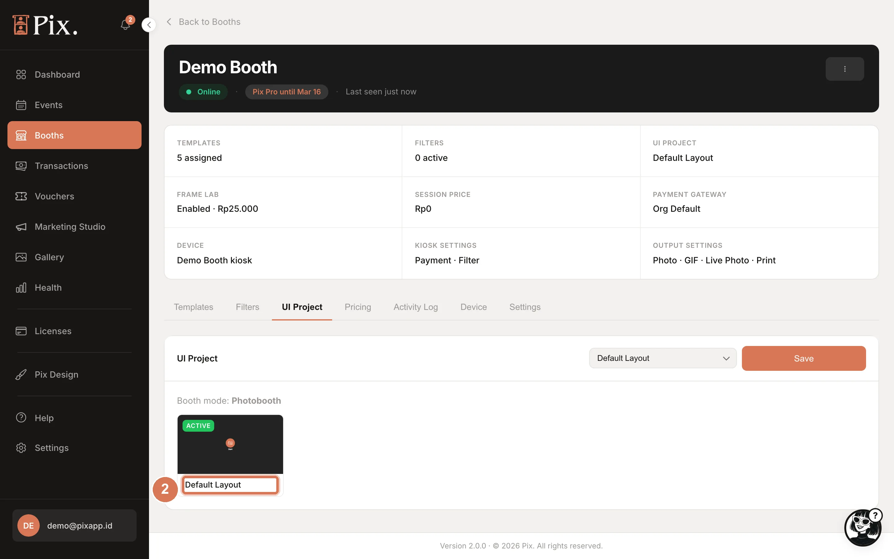 Kiosk UI Project tab with the dropdown grouped by Photobooth, Studio and Simple mode and the Save button