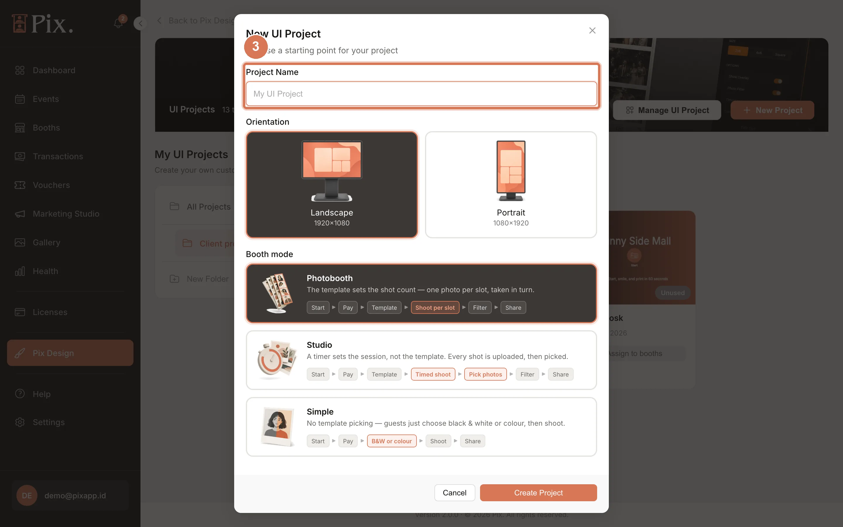 New UI Project modal with Project Name, Orientation and the Photobooth, Studio and Simple booth mode cards