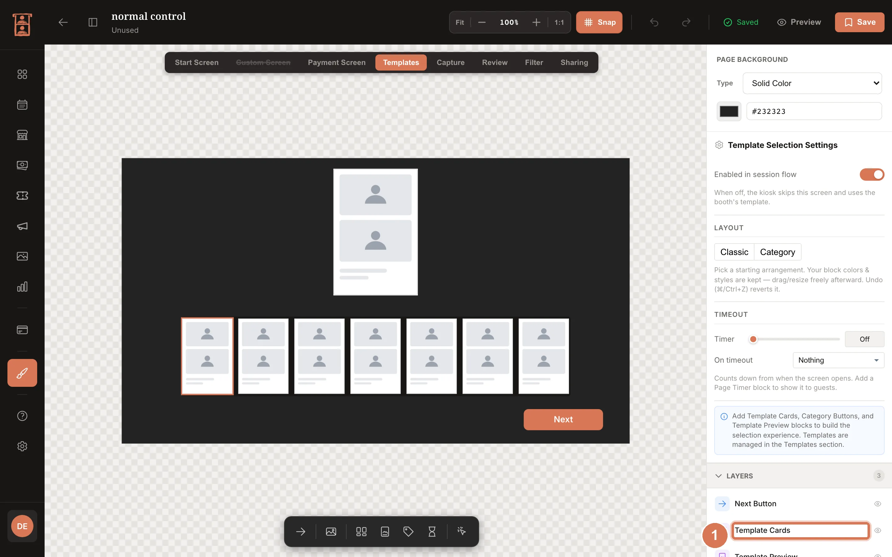 UI Editor on the Templates screen
