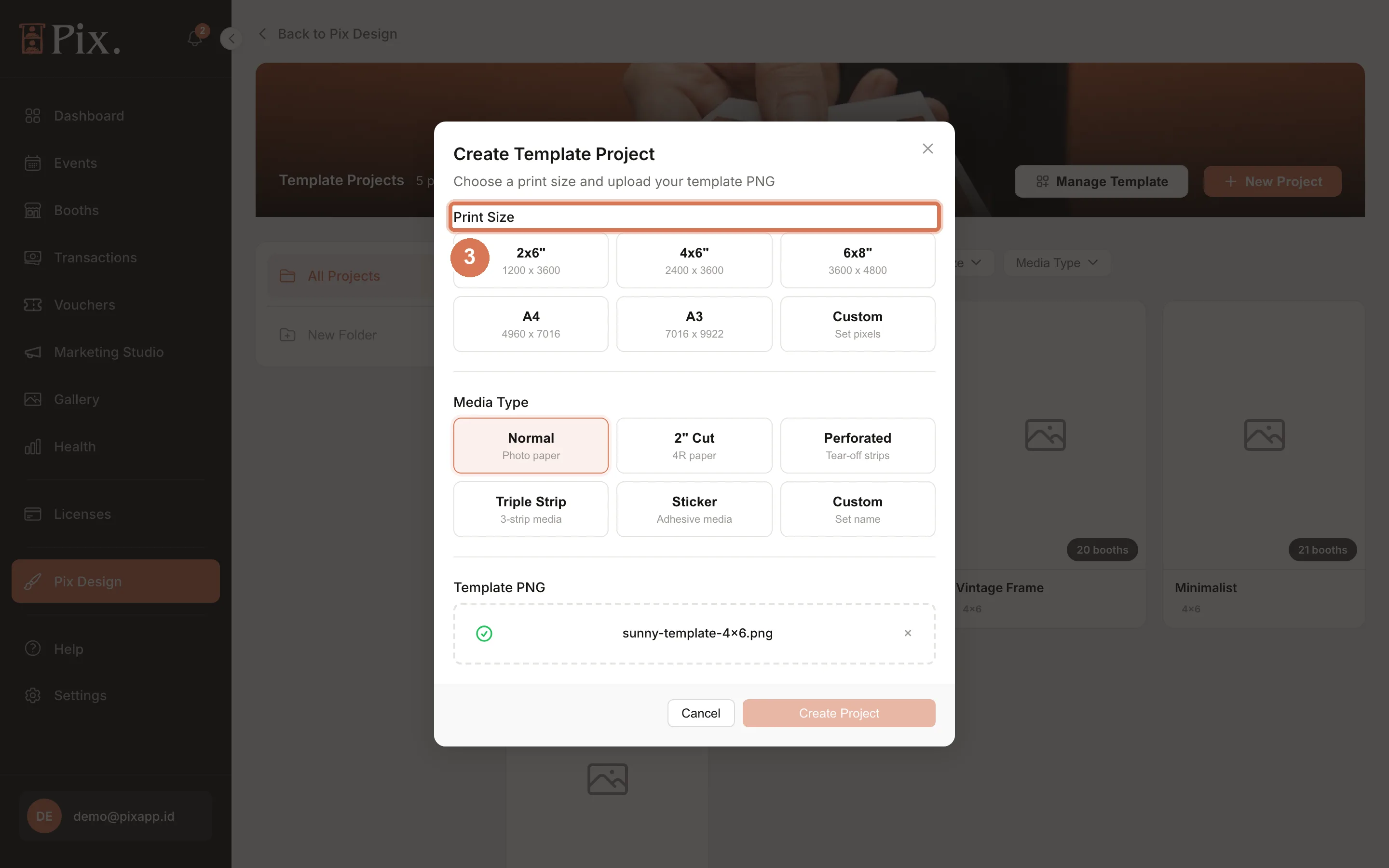 Create Template Project modal with 4x6 selected, the Media Type cards and the Template PNG drop zone