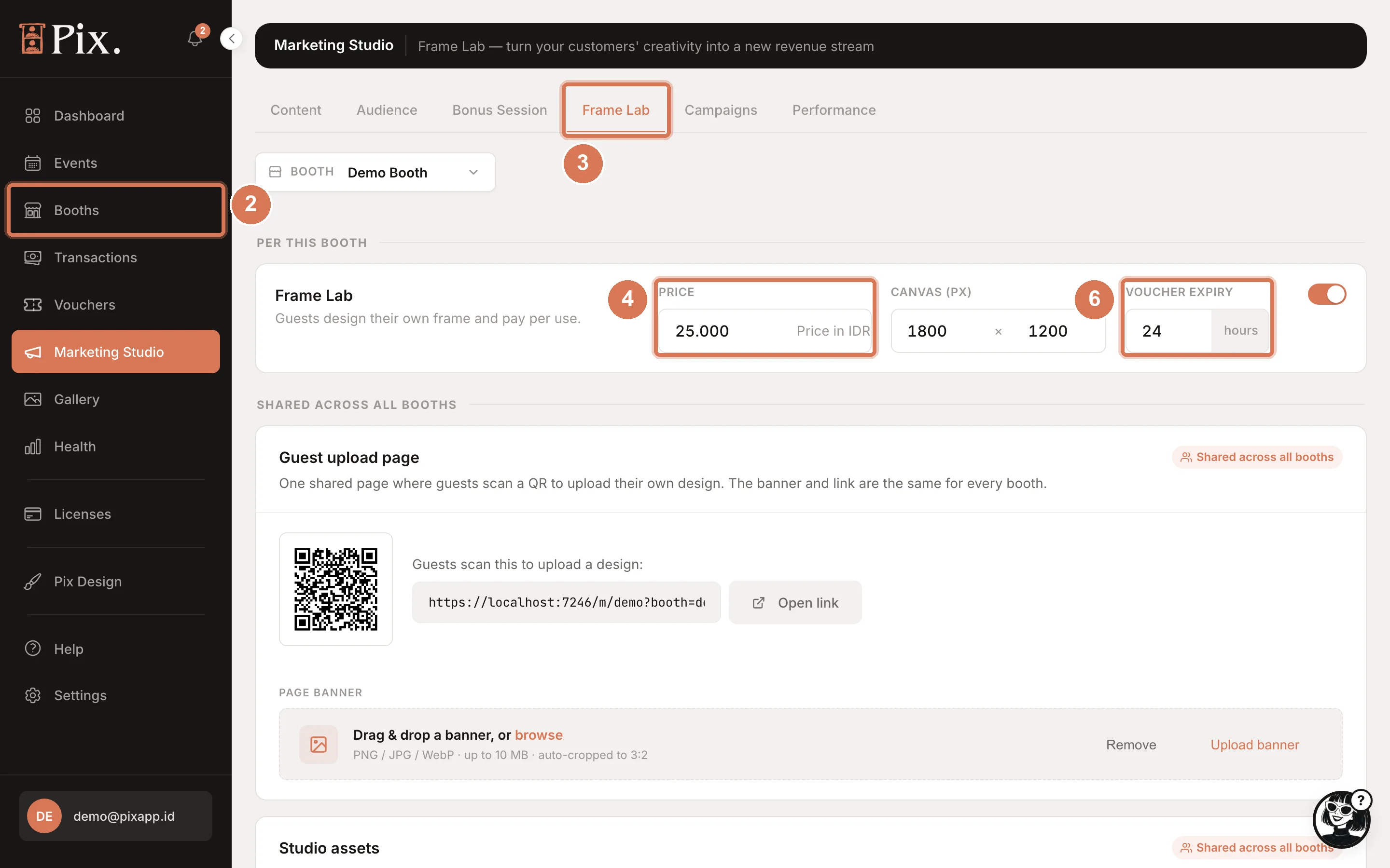 Marketing Studio Frame Lab tab: booth picker, the Frame Lab switch, Price, Canvas and Voucher expiry