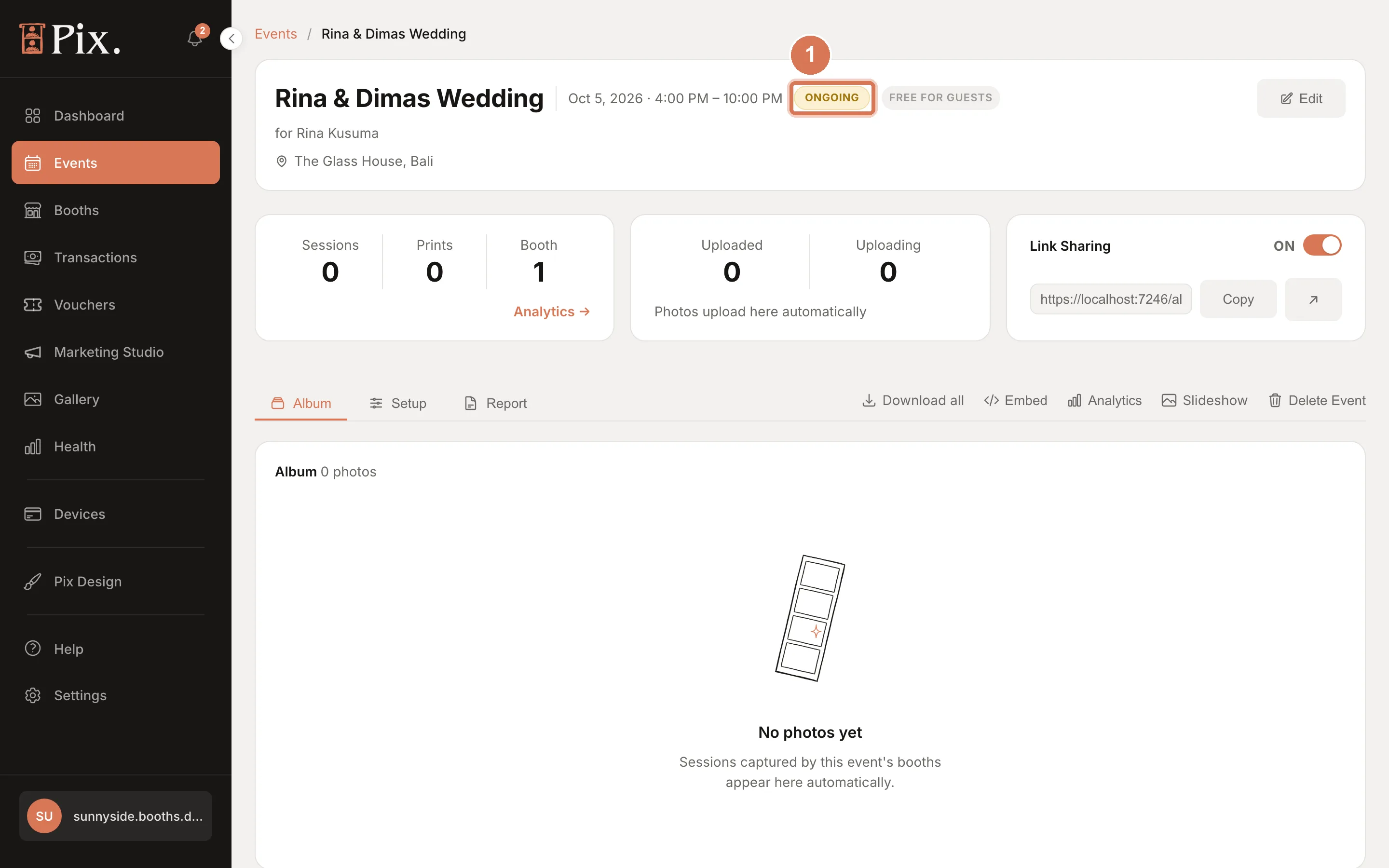 Event page with name, date, ONGOING chip, FREE FOR GUESTS badge, Link Sharing switch, overview cards and the Album, Setup and Report tabs