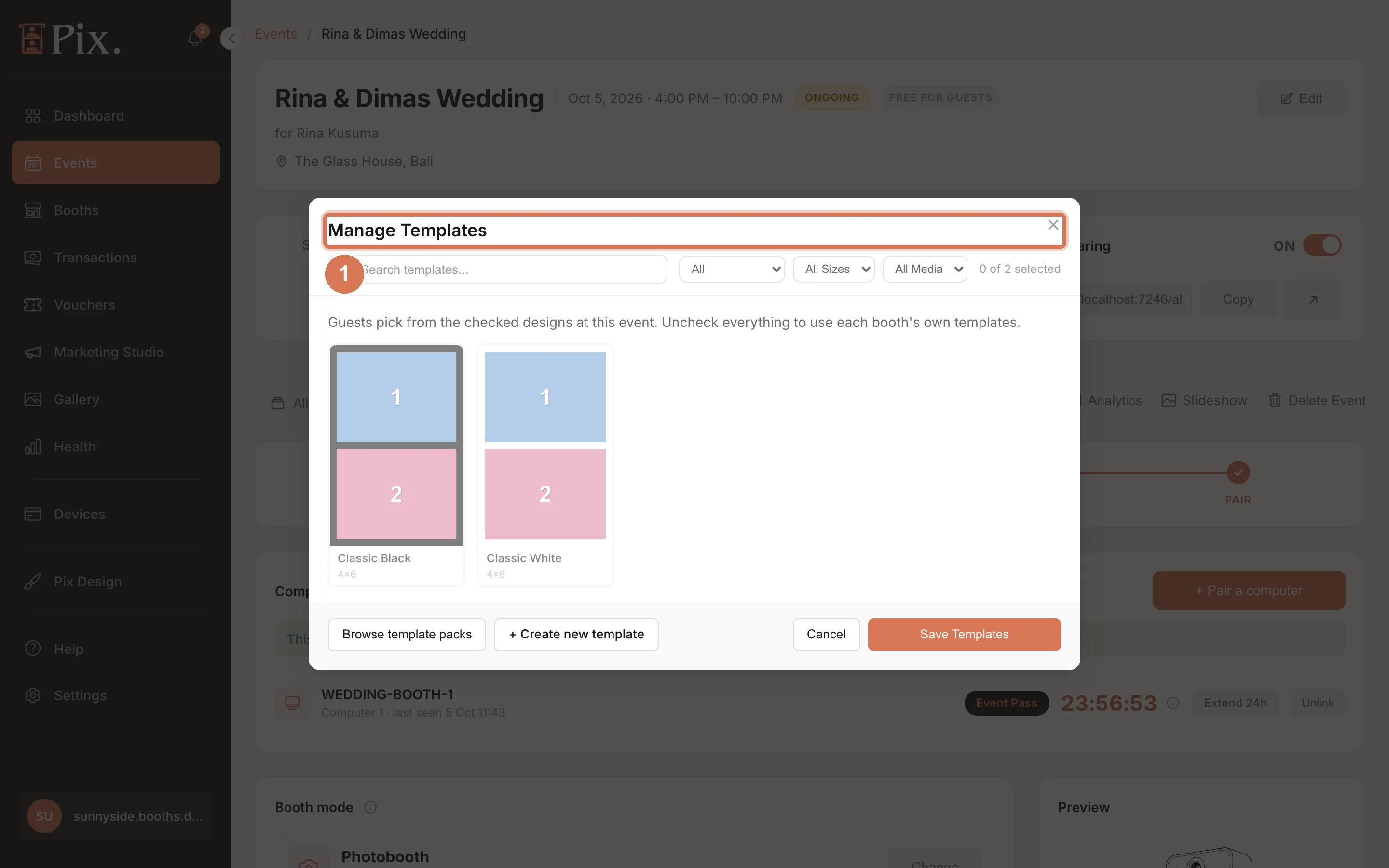 Manage Templates modal on an event