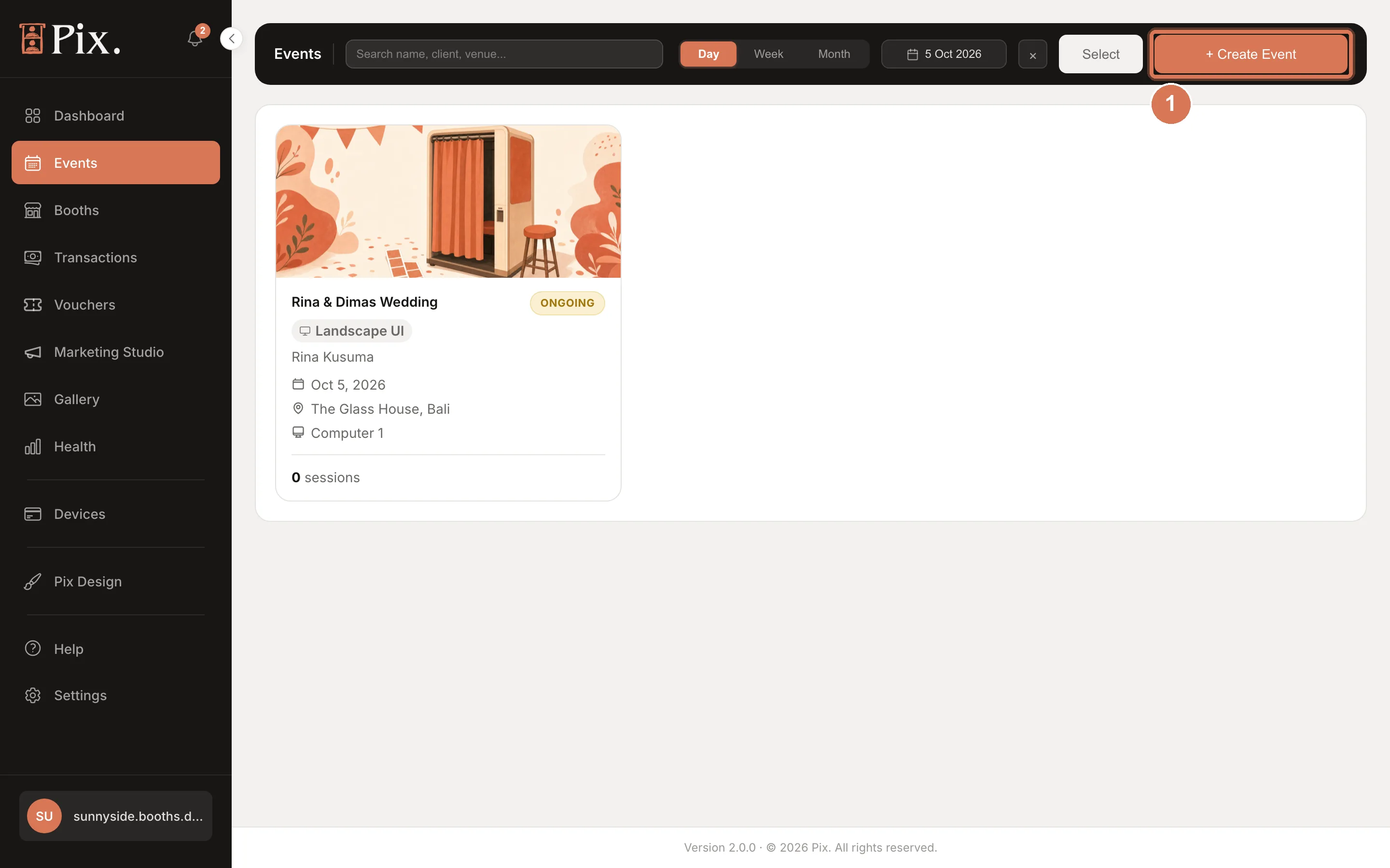 Events page with one ongoing event card and the + Create Event button