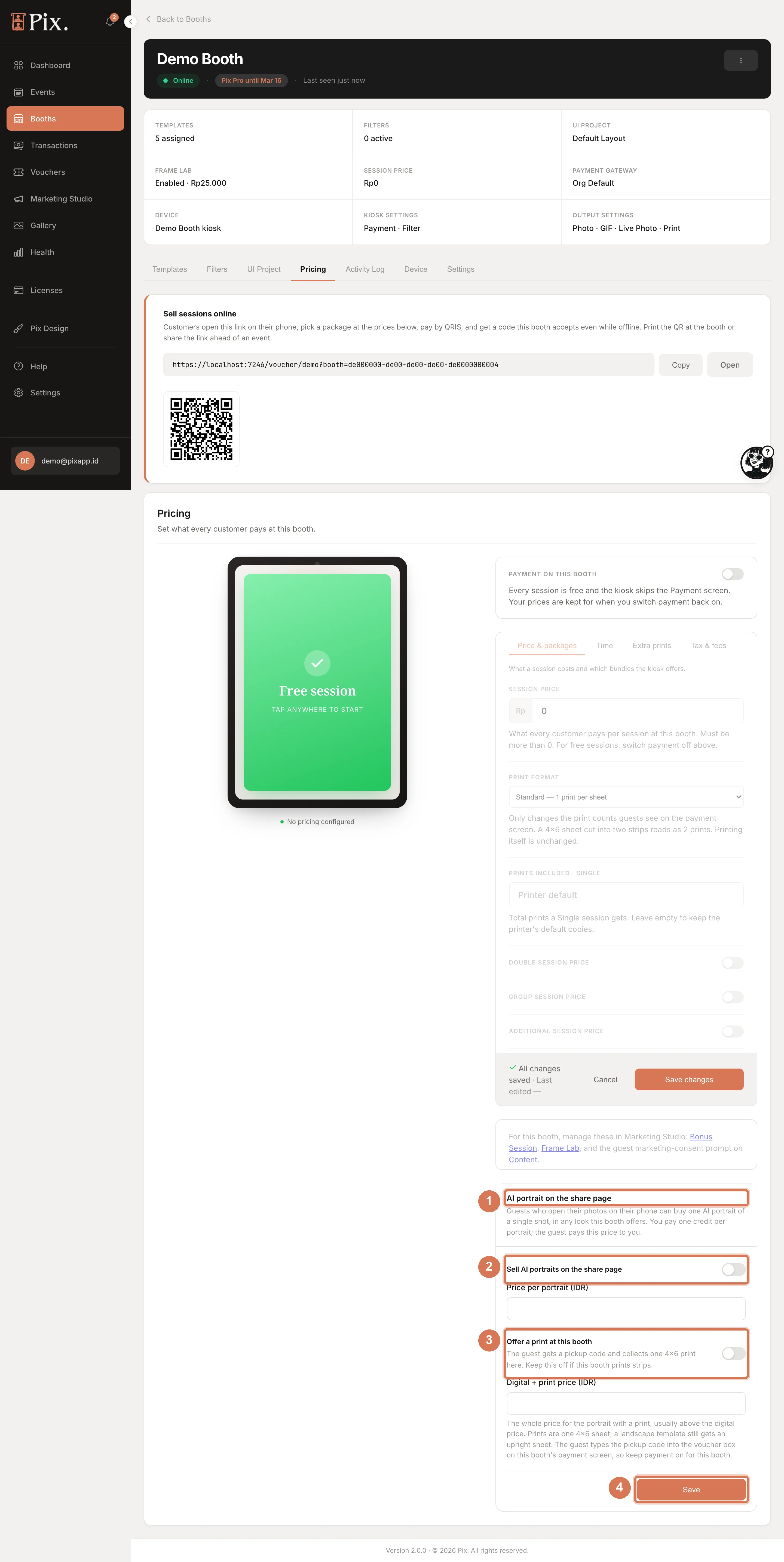 Booth Pricing tab, full page, with the Sell sessions online card, the Payment on this booth switch and the pricing sub-tabs