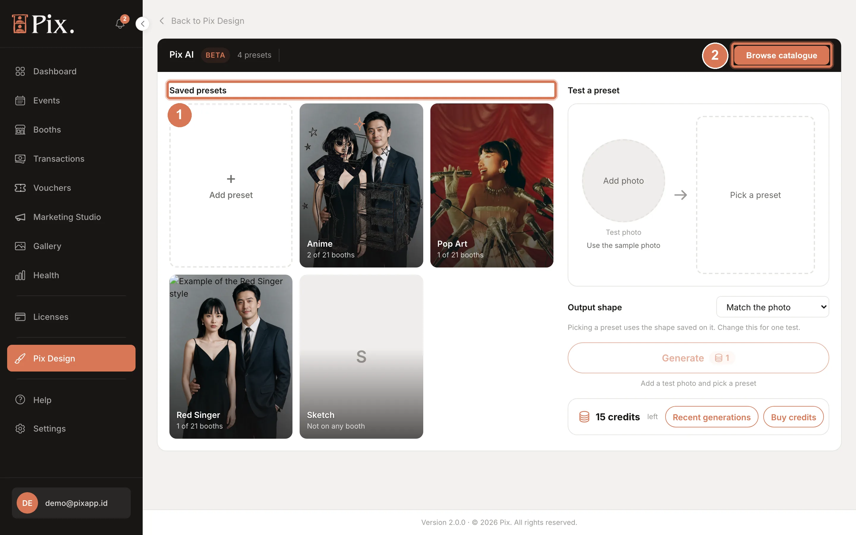 Pix AI (Beta) page with Saved presets, Browse AI presets, Test a preset and Recent generations