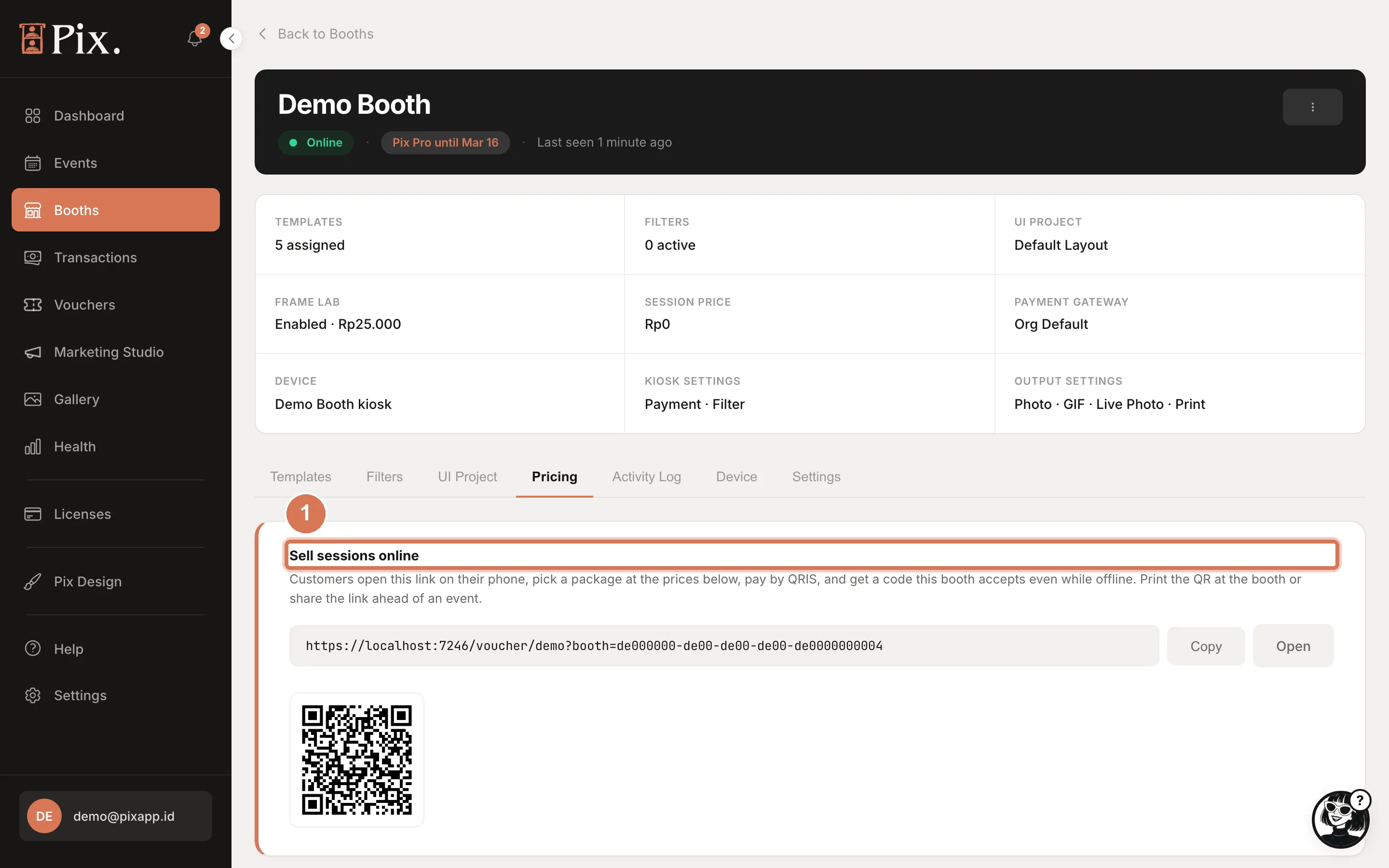 Booth Pricing tab, top, with the Sell sessions online card, its link, Copy, Open and QR