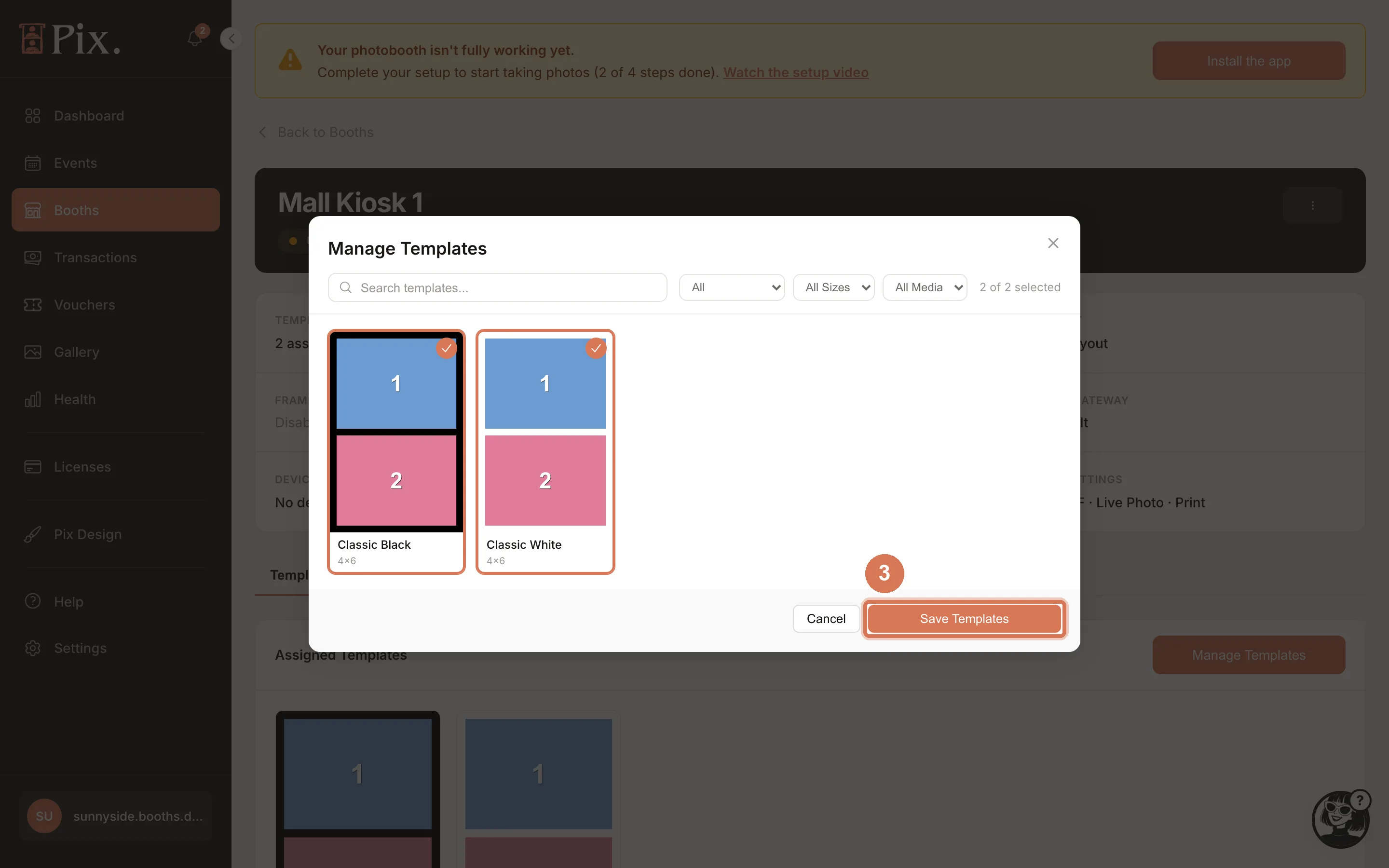 Manage Templates modal listing templates with their size and media type and the Save Templates button