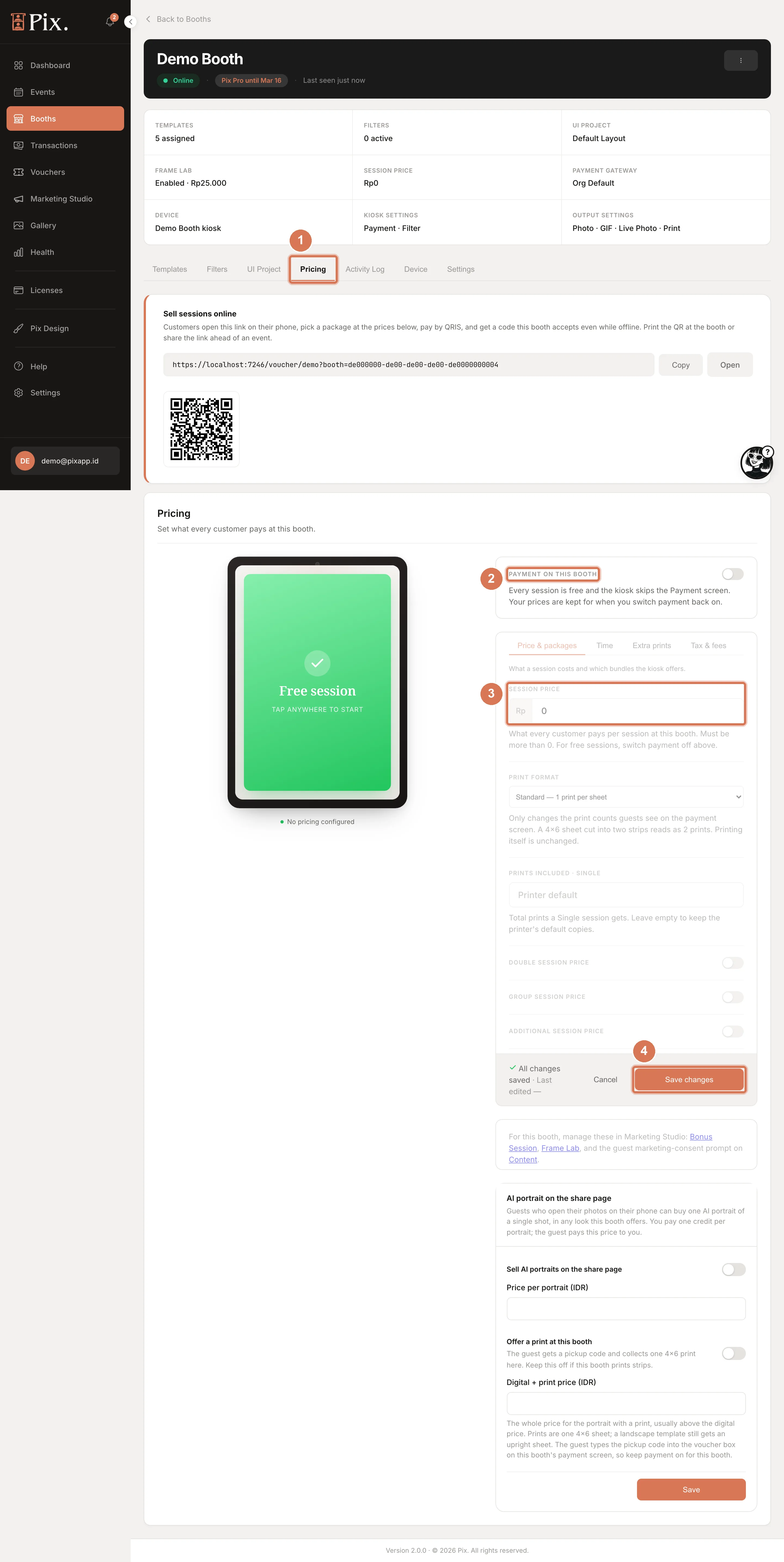 Booth Pricing tab with the Sell sessions online card, the Payment on this booth switch, the live booth preview and the Price & packages form