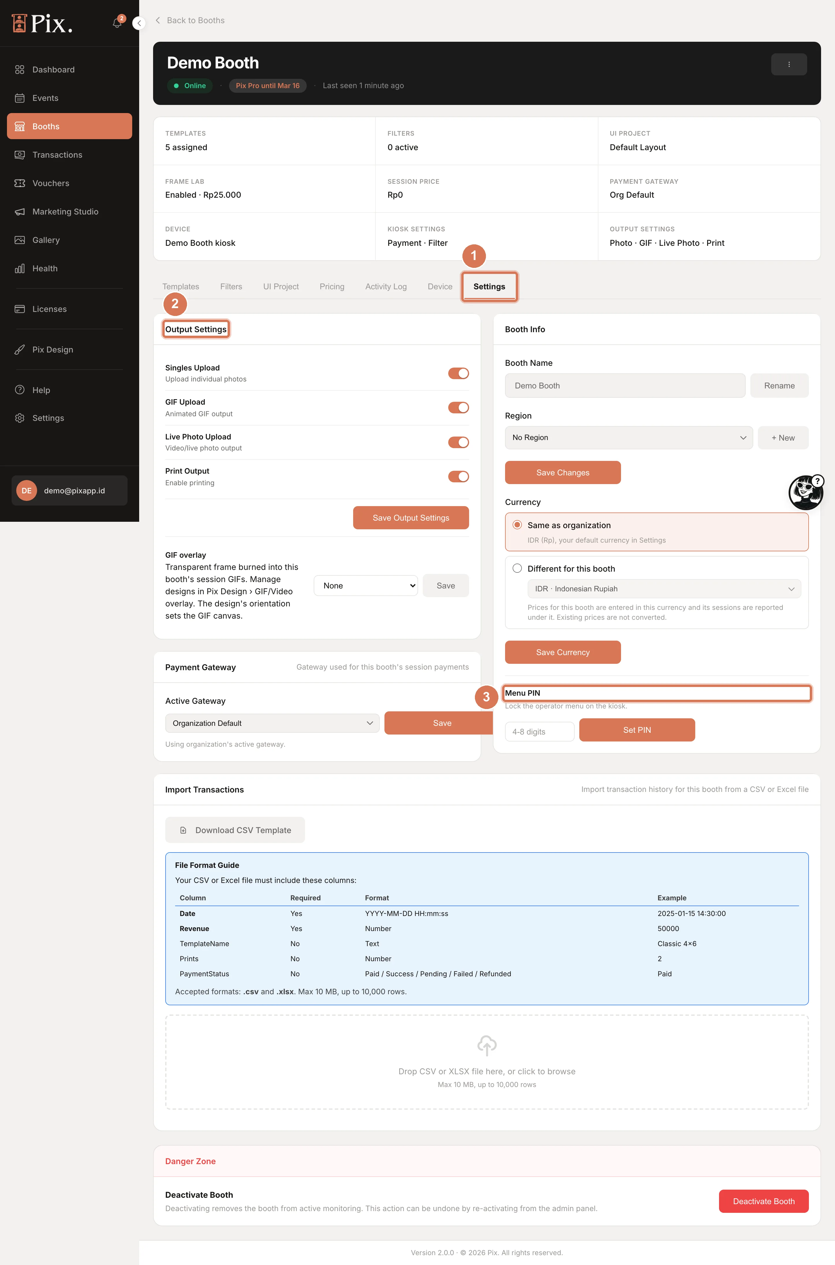 Booth Settings tab with Output Settings switches, Payment Gateway, Booth Info, Currency and Menu PIN