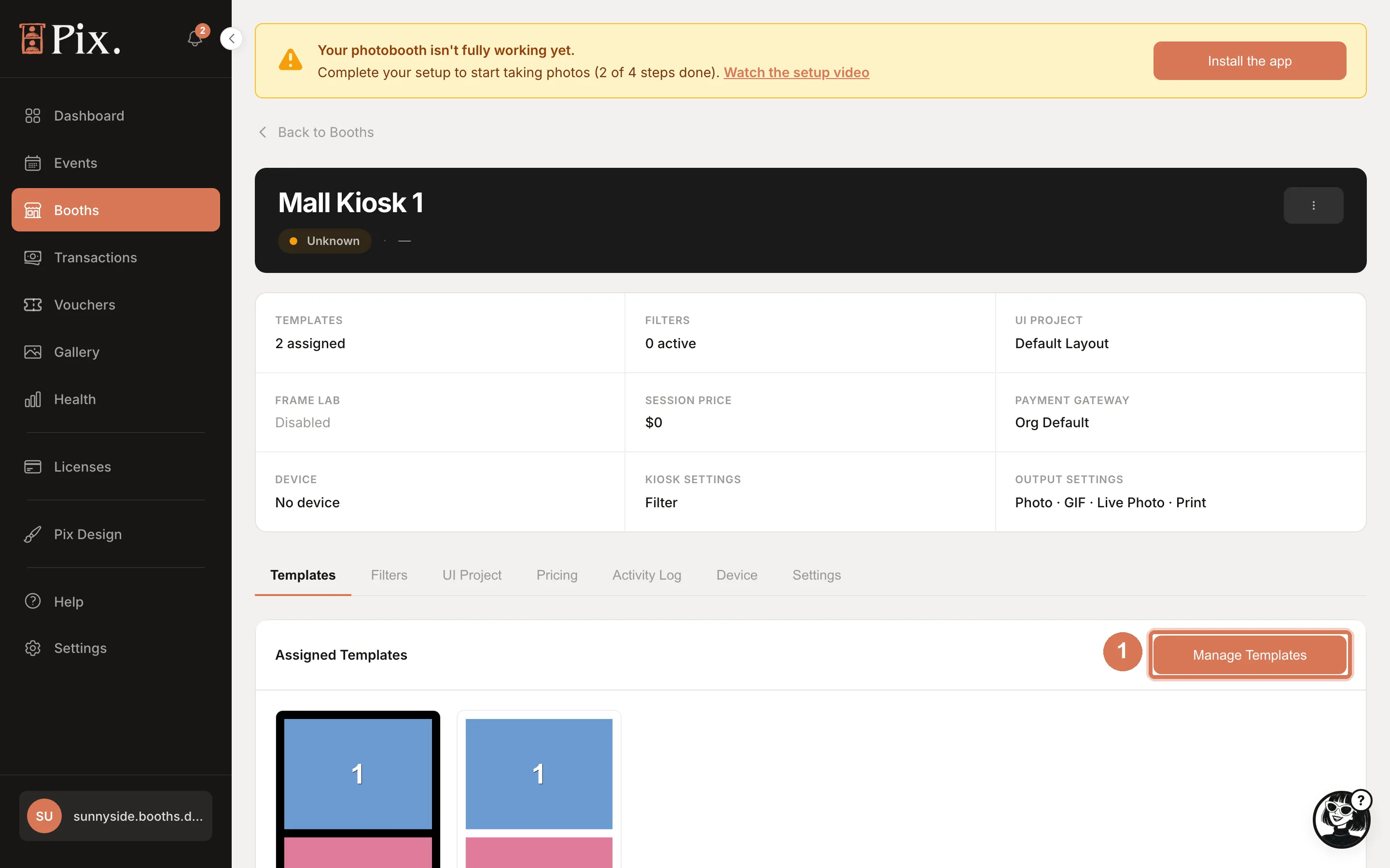 Booth Templates tab with the Assigned Templates card and the Manage Templates button
