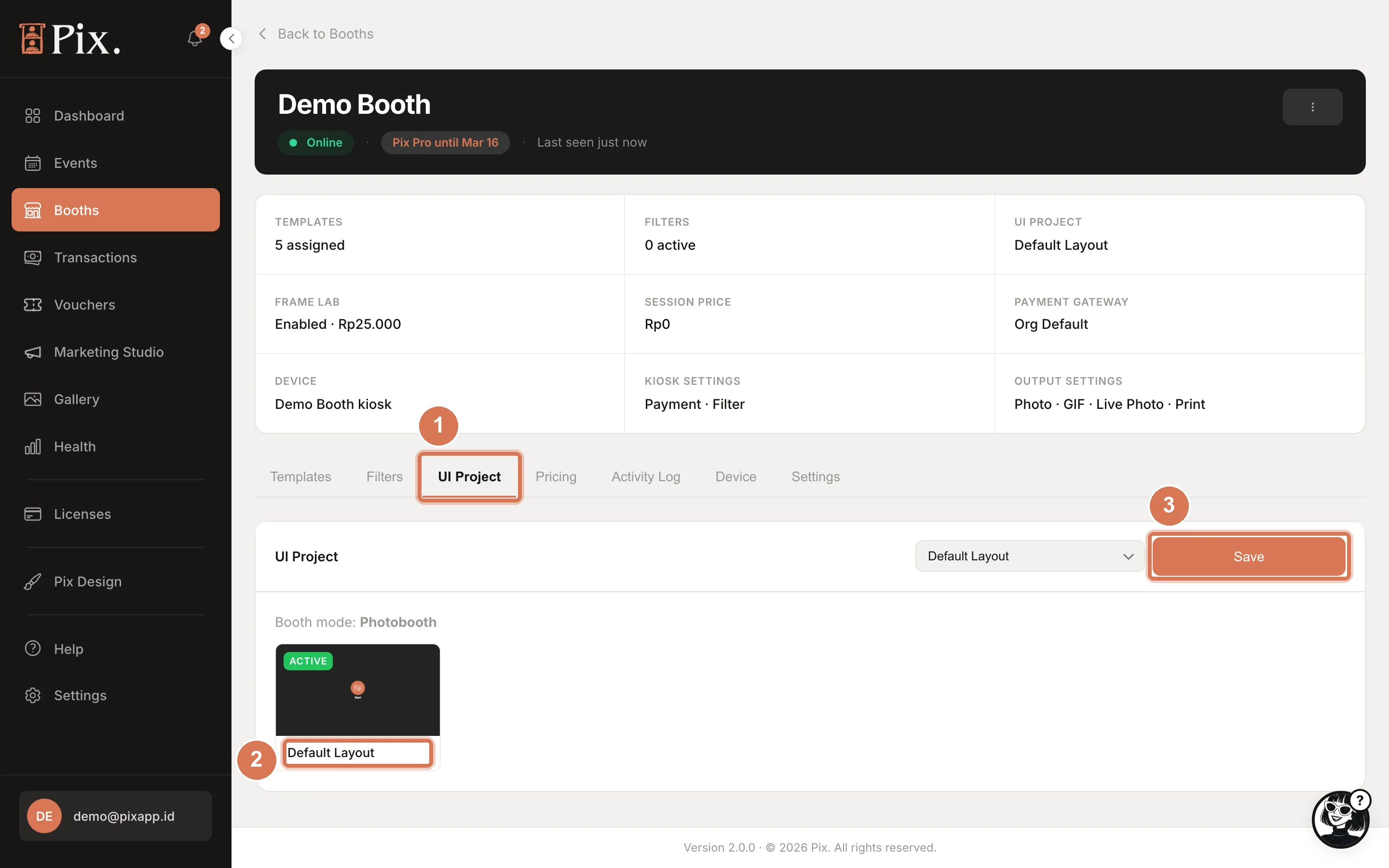 Kiosk UI Project tab with the dropdown grouped by Photobooth, Studio and Simple mode and the Save button