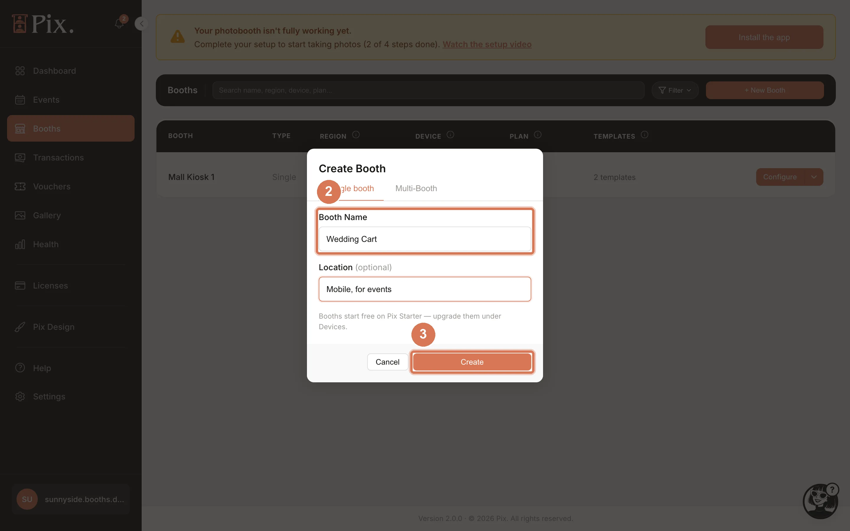 Create Booth modal on the Single booth tab with Booth Name and Location filled in
