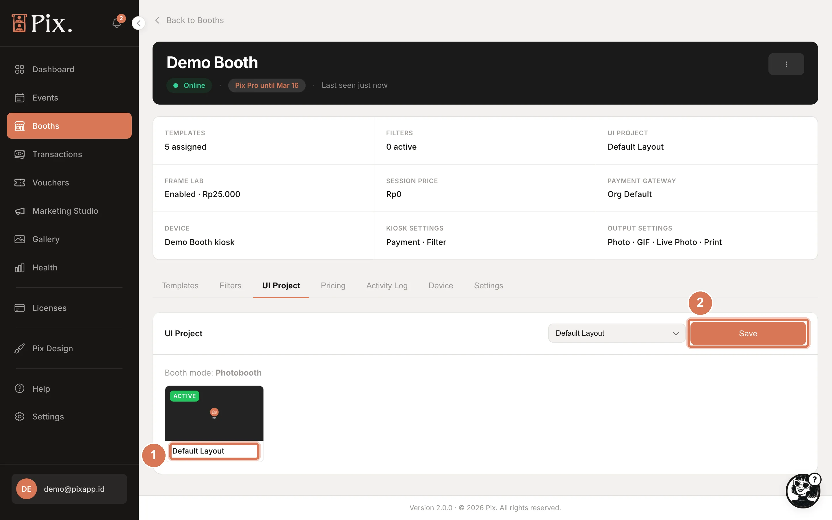 Kiosk UI Project tab with the dropdown grouped by Photobooth, Studio and Simple mode, and Save
