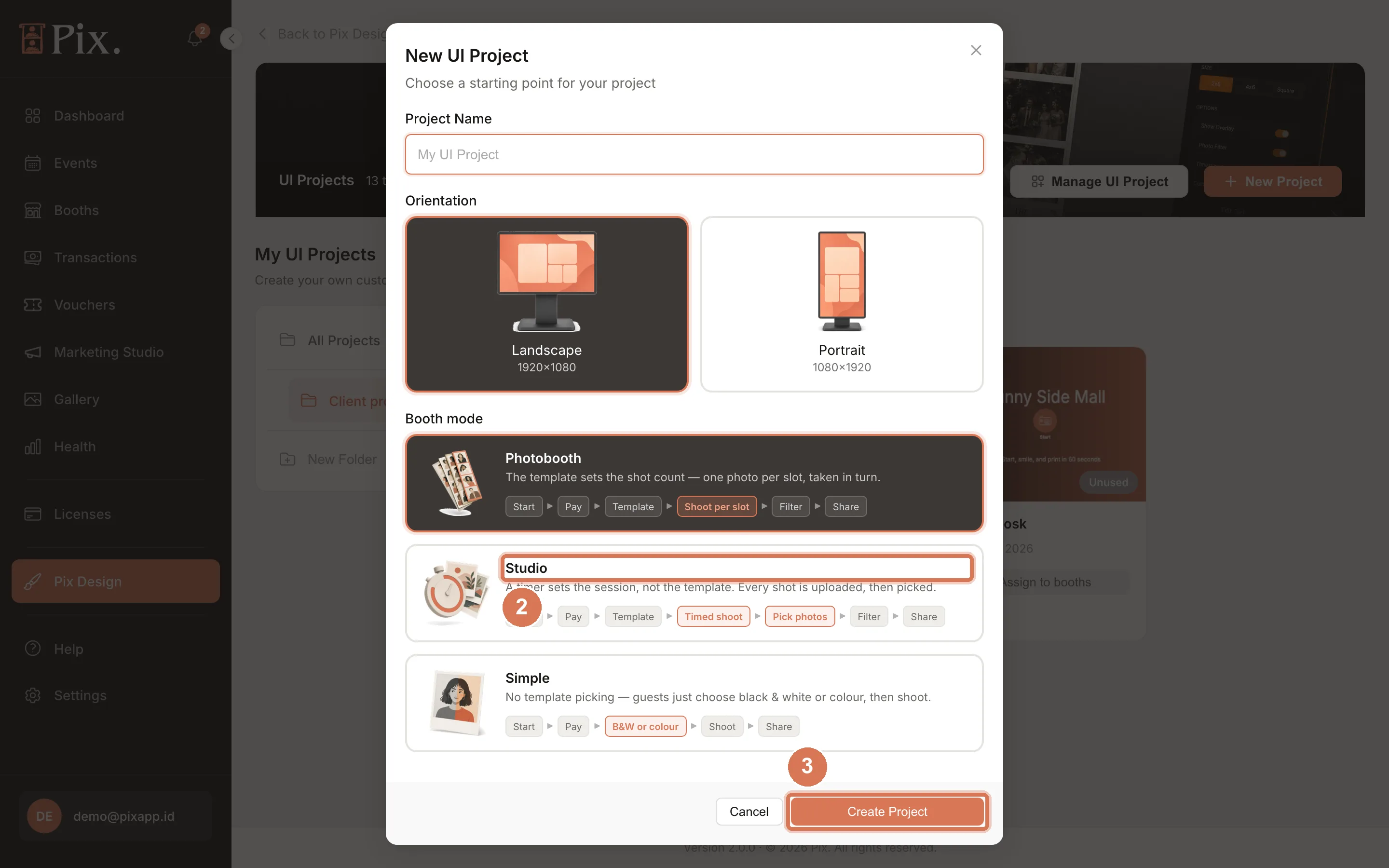 New UI Project modal with Project Name, Orientation and the Photobooth, Studio and Simple booth mode cards