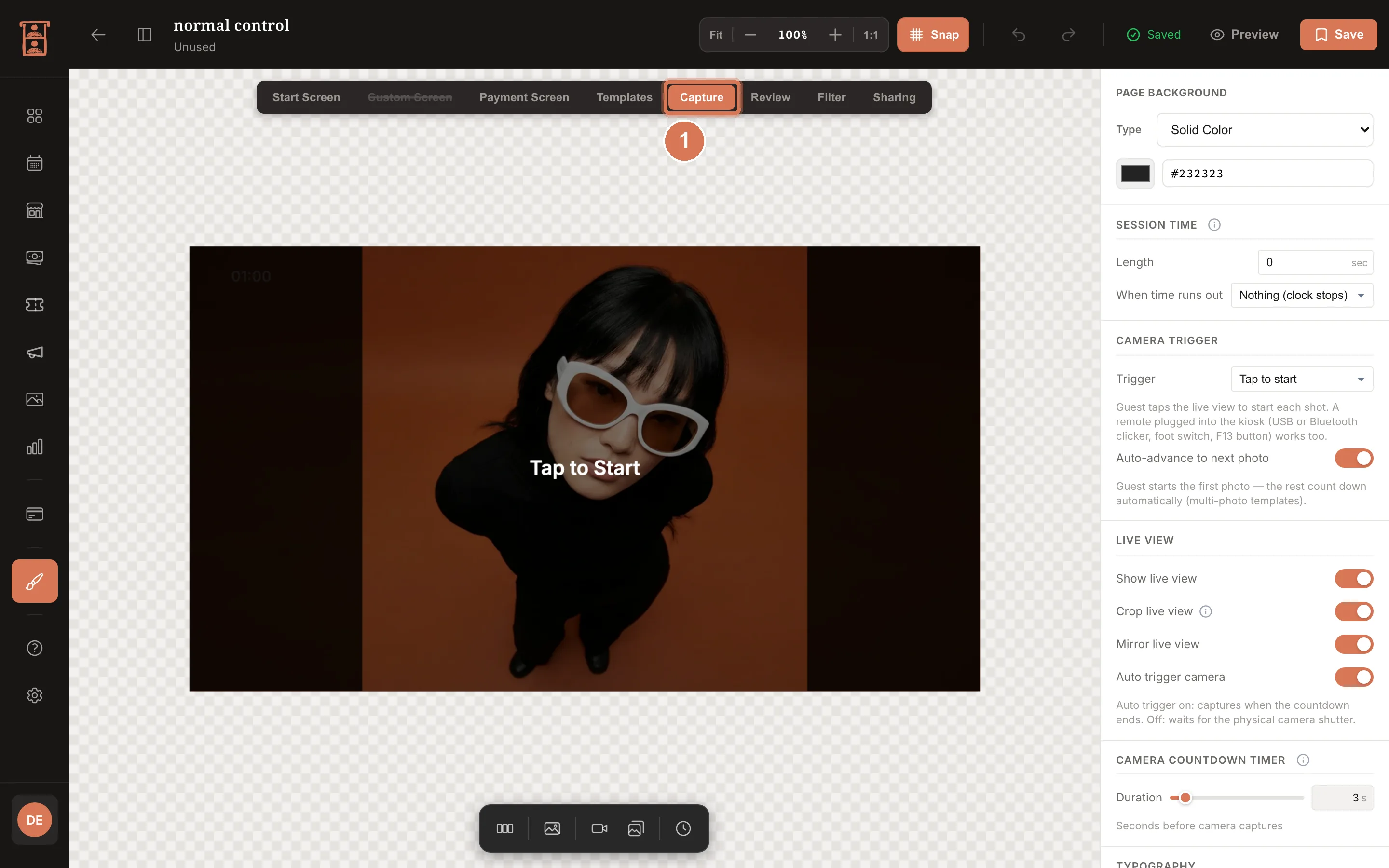 UI Editor on the Capture screen with the canvas, blocks and the right rail settings