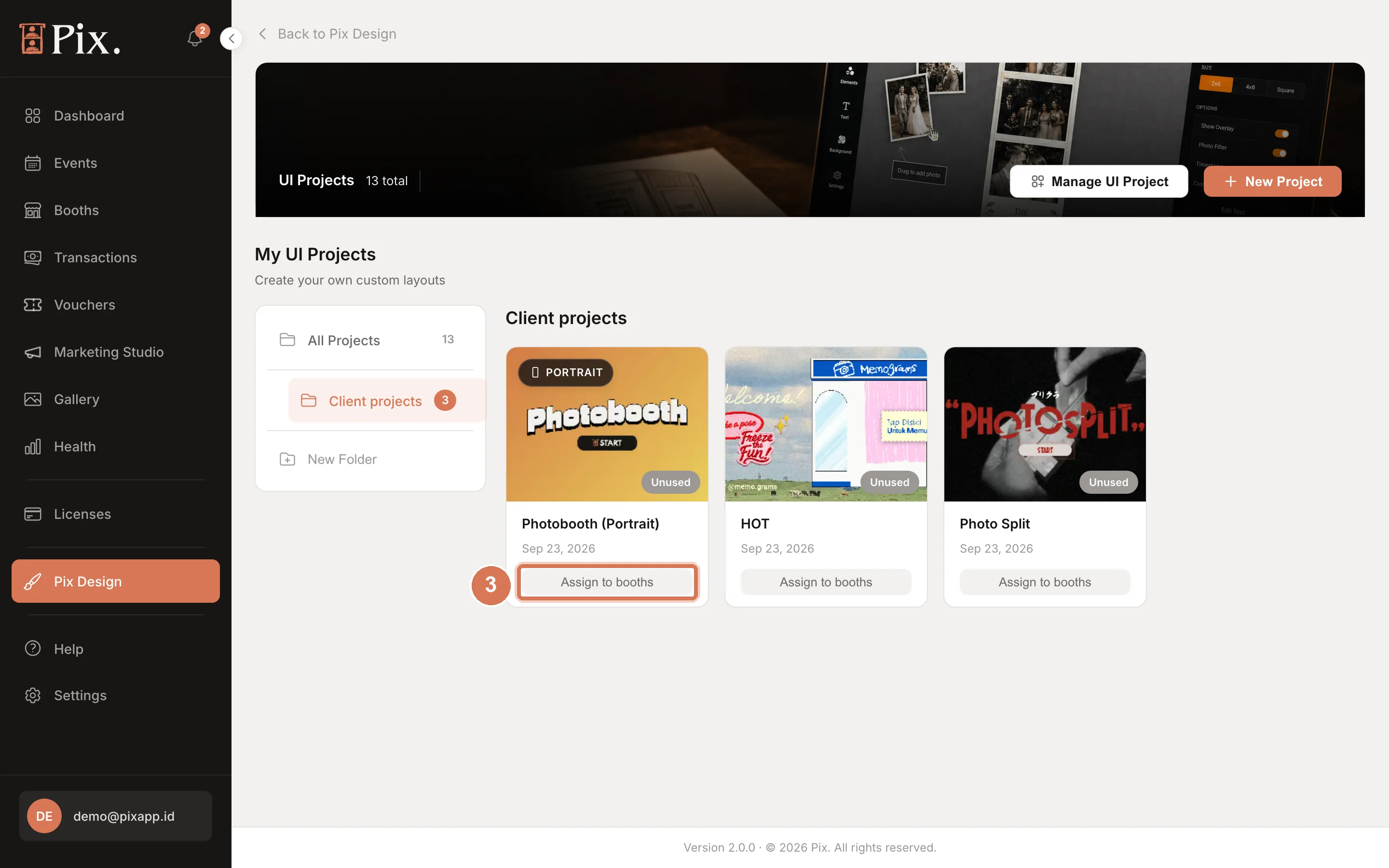 UI Projects list with project cards, Manage UI Project and New Project