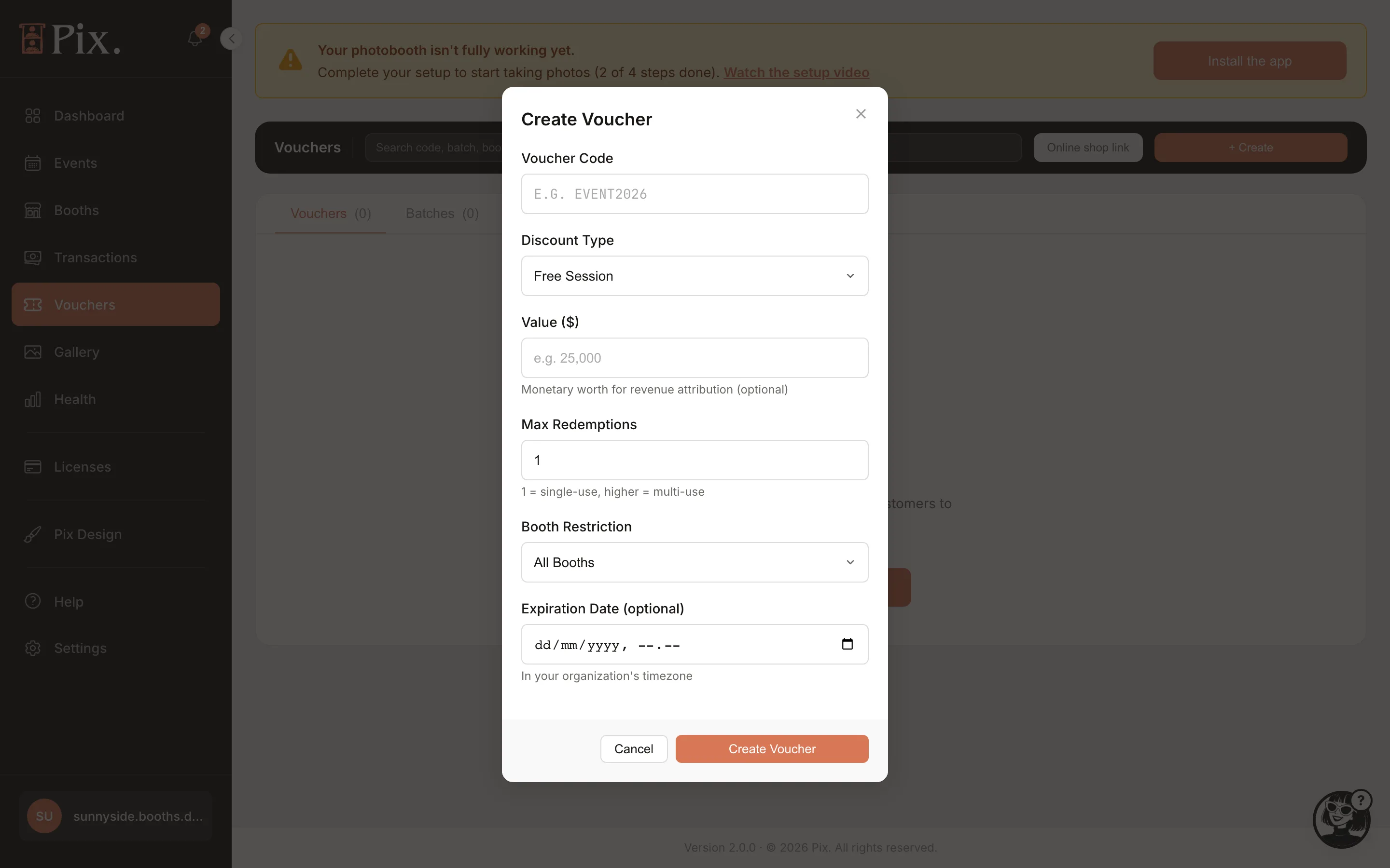 Create Voucher modal: Voucher Code, Discount Type, Discount Value, Max Redemptions, Booth Restriction, Expiration Date