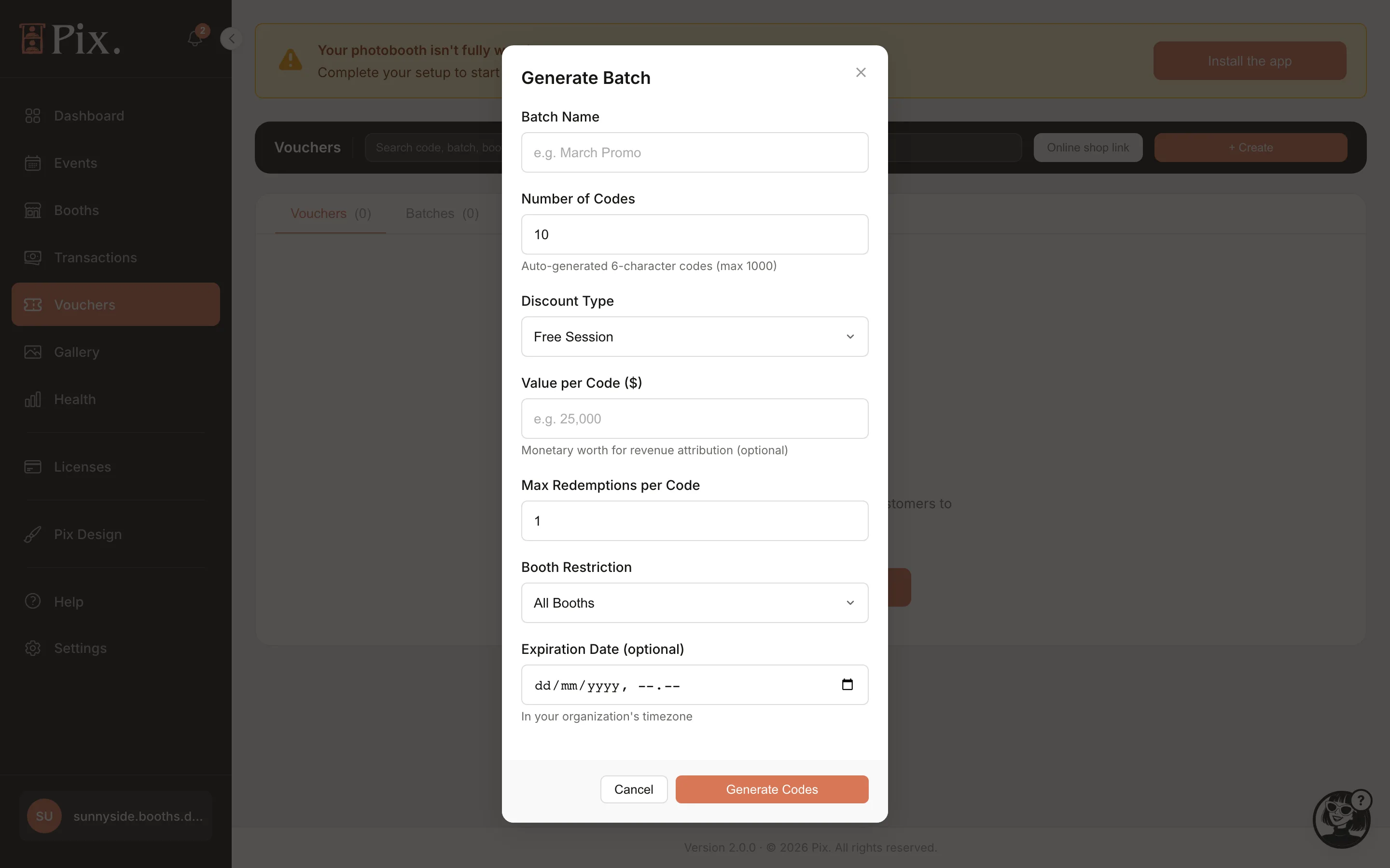 Generate Batch modal: Batch Name, Number of Codes, Max Redemptions per Code, Generate Codes