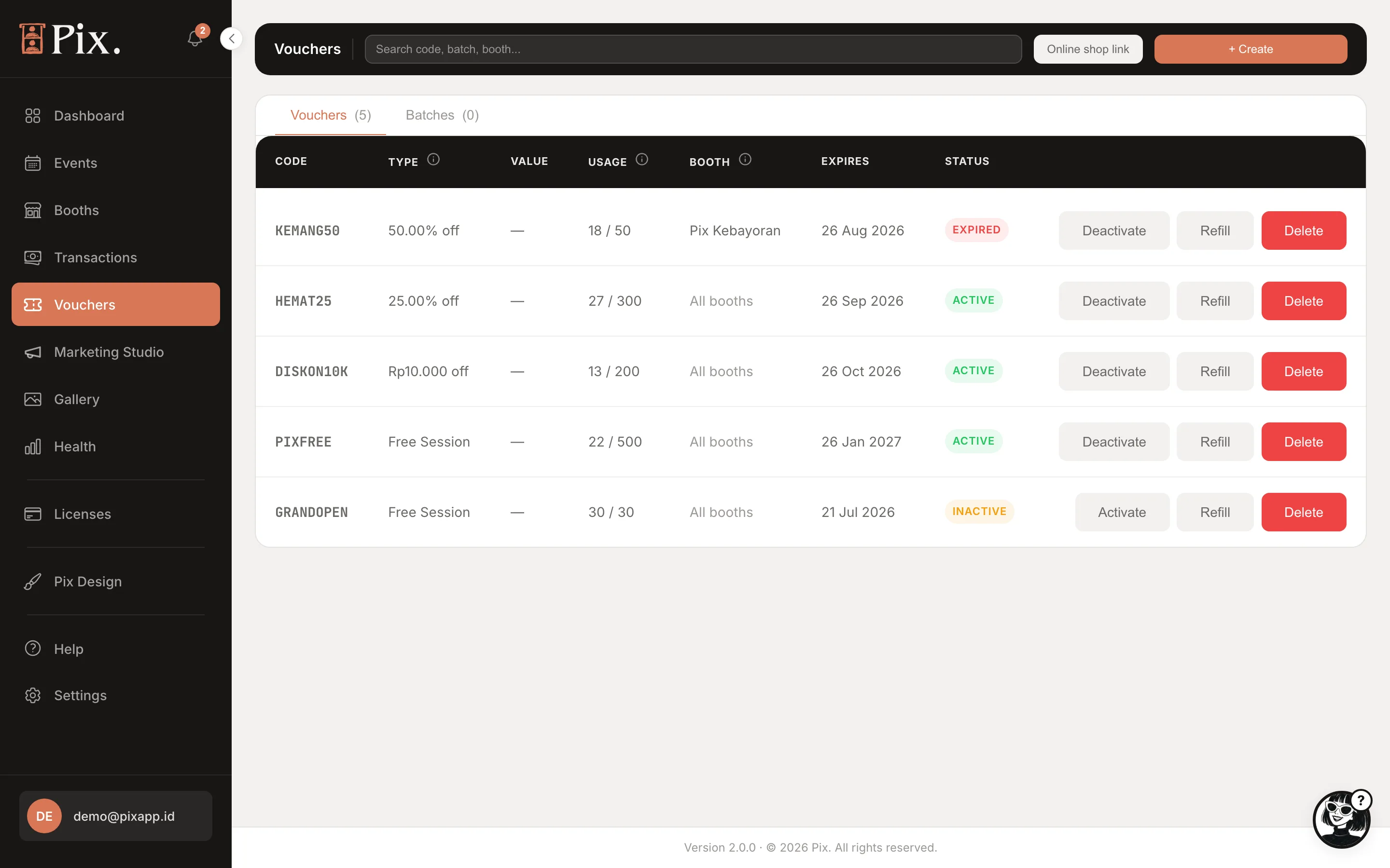 Vouchers page with existing vouchers: Vouchers and Batches tabs, Refill and Delete on each row