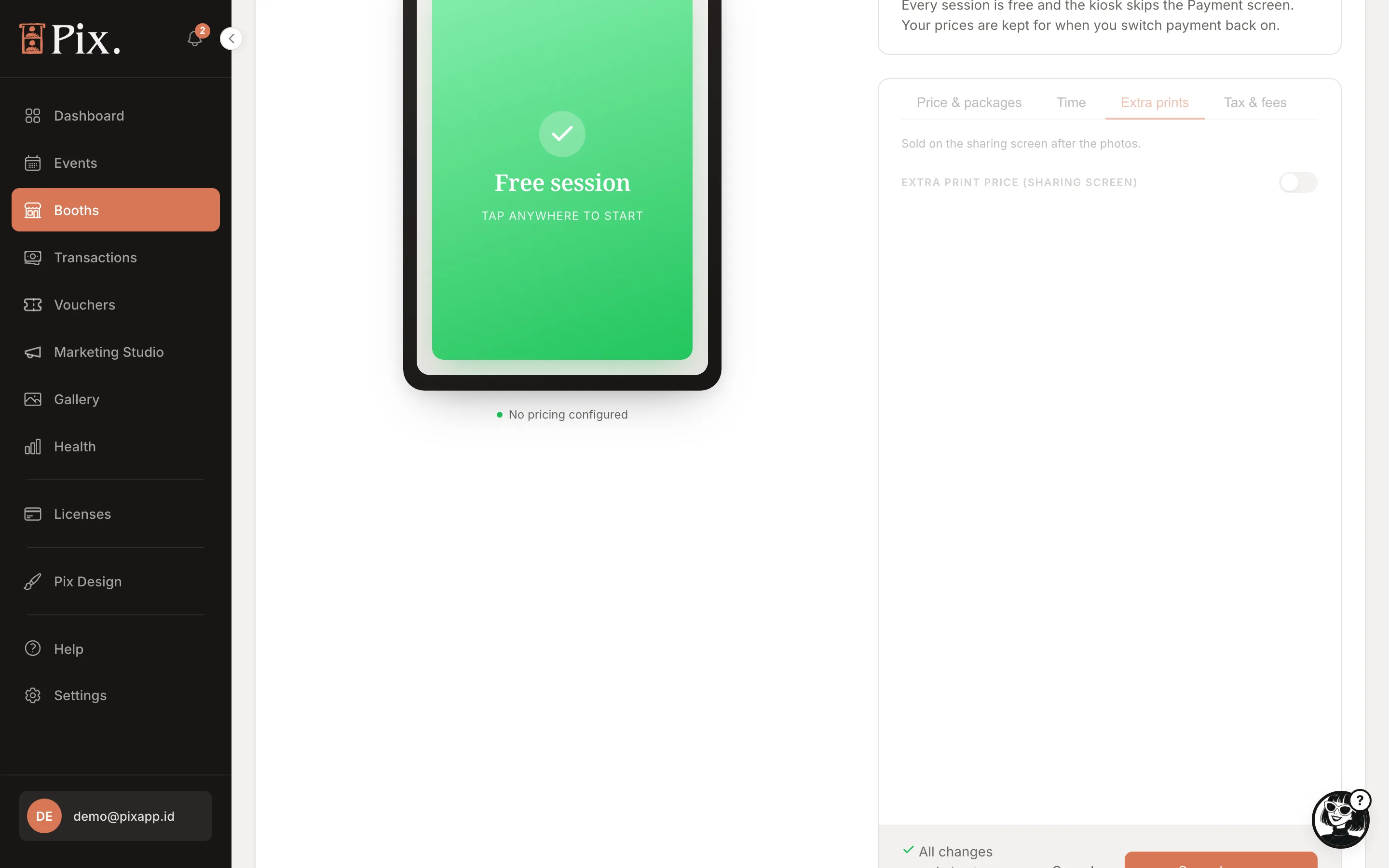 Pricing sub-tab Extra prints: Extra print price on the sharing screen