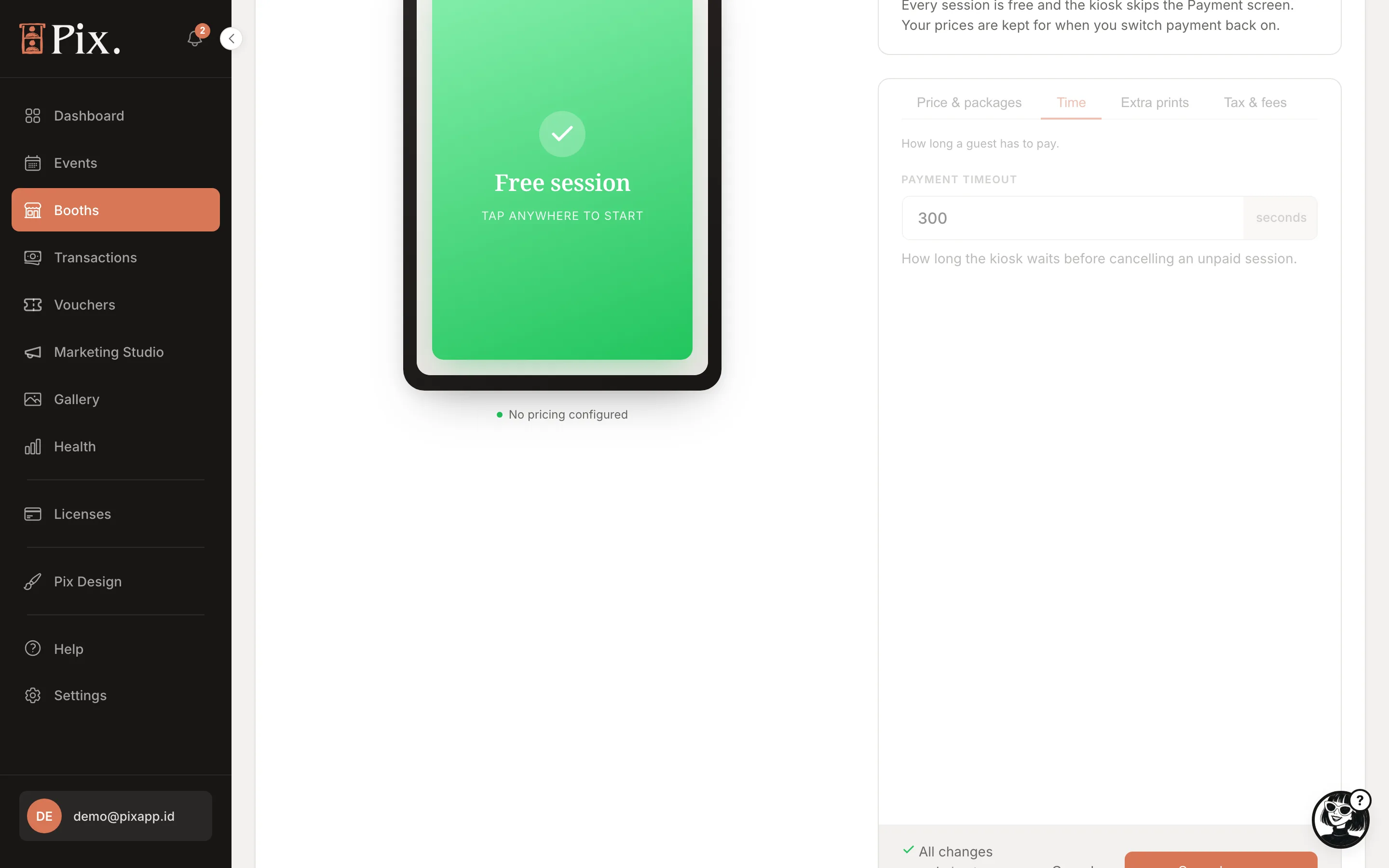 Pricing sub-tab Time: Payment timeout