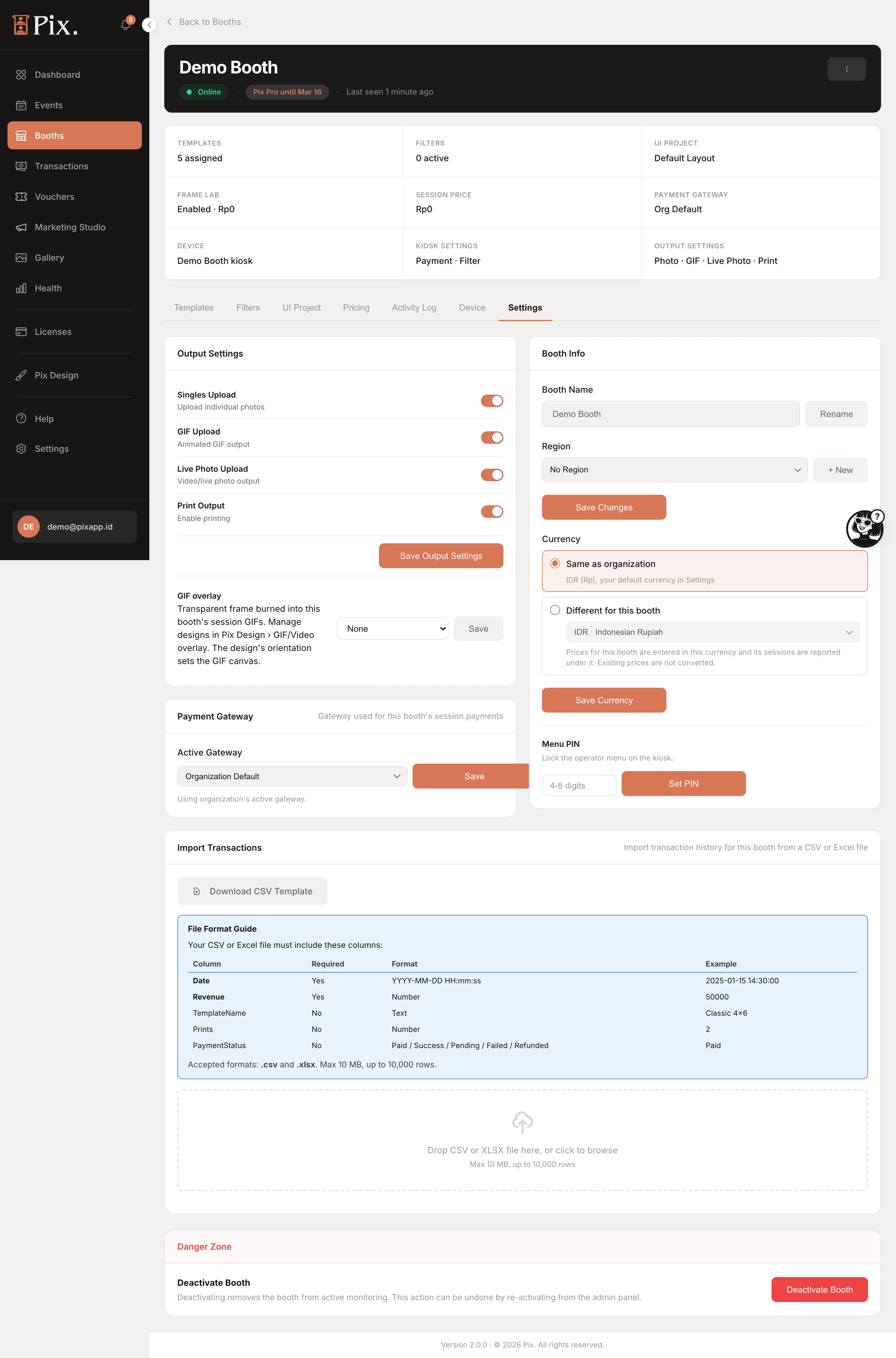 Booth Settings tab with Output Settings, Payment Gateway, Booth Info, Currency and Menu PIN
