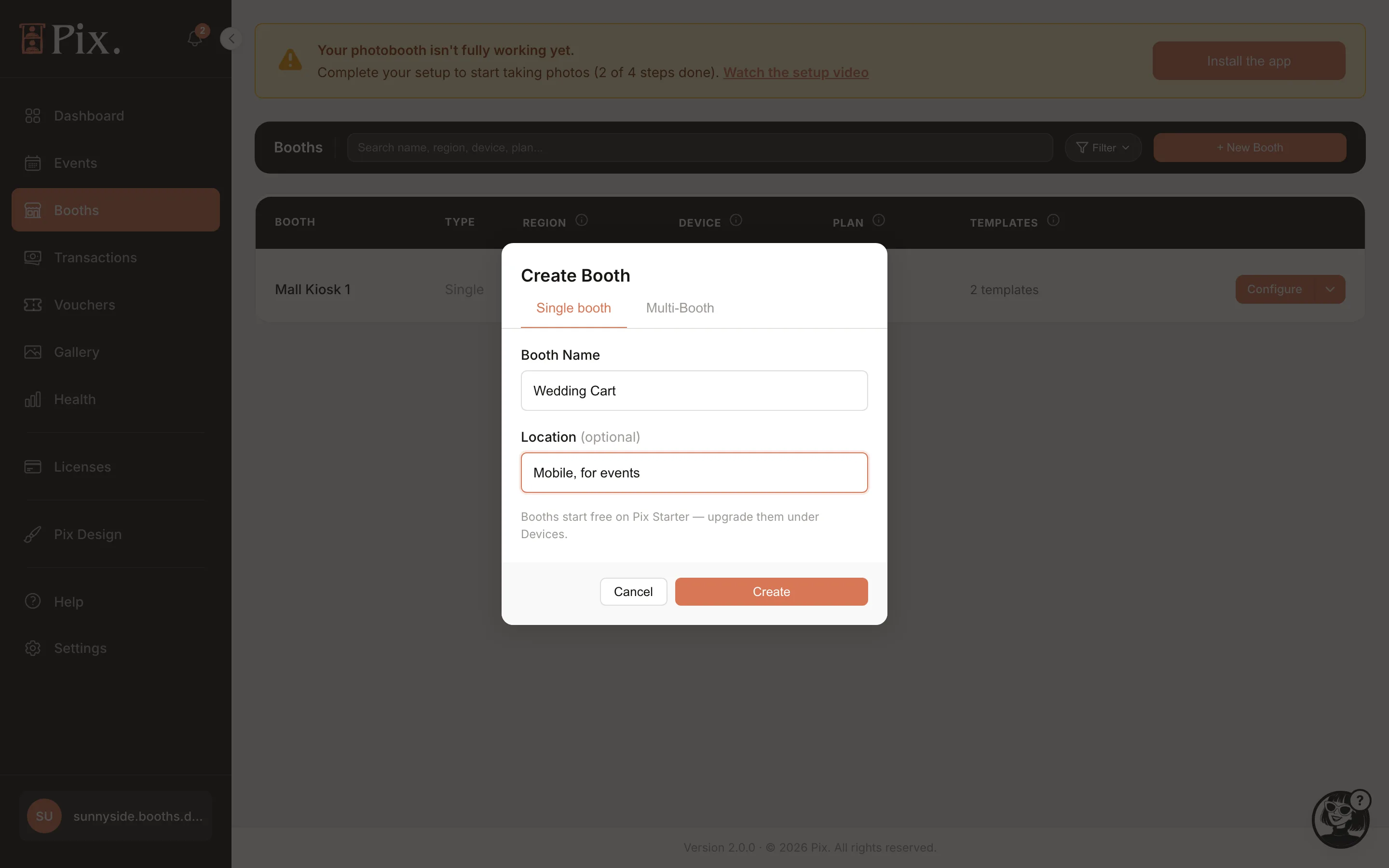 Create Booth modal, Single booth tab, with Booth Name and Location filled