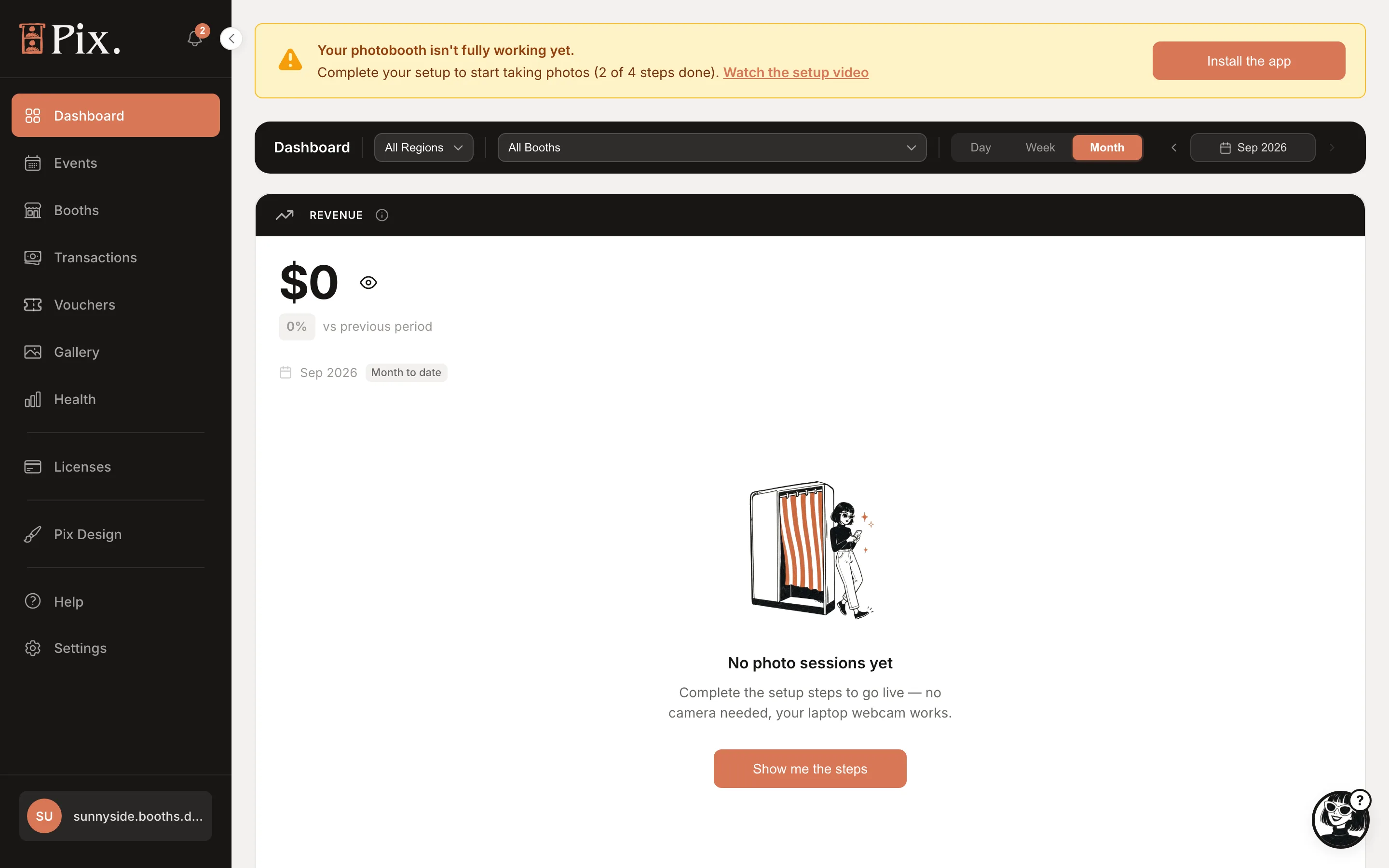 The dashboard of a brand new account with the setup banner showing 2 of 4 steps done and an Install the app button