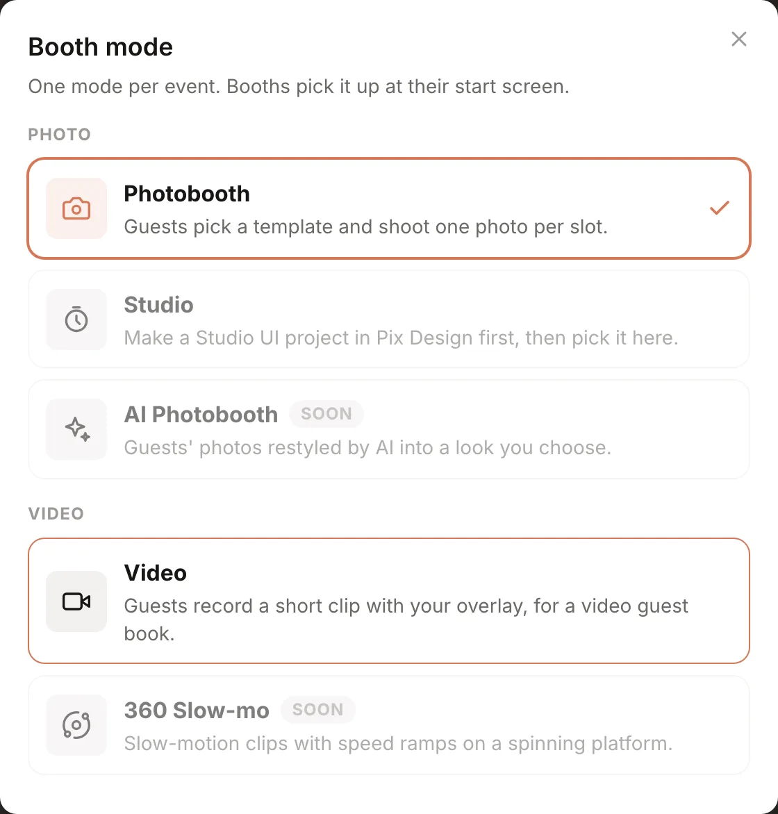 Booth mode picker with Photo and Video groups