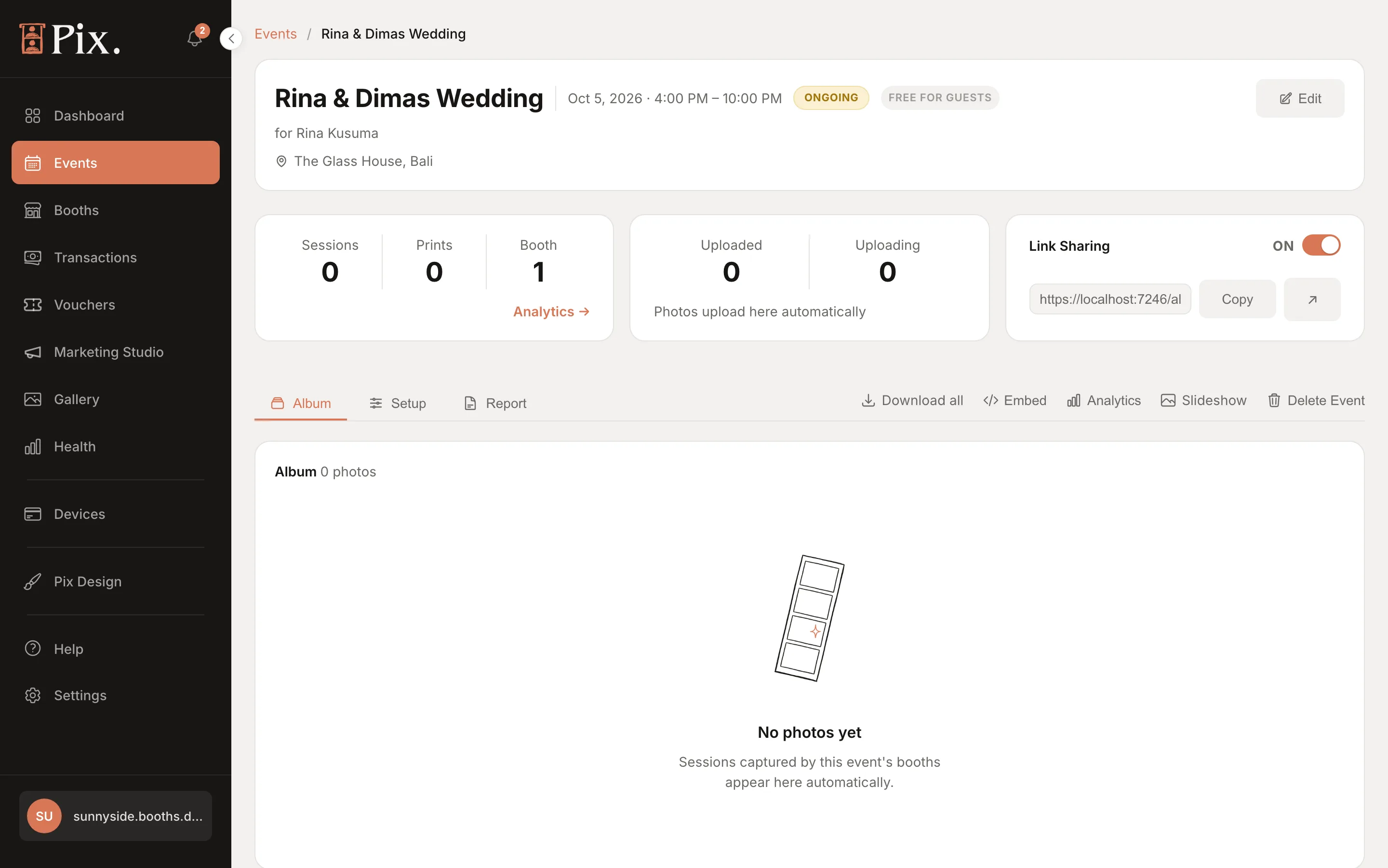 Event page: name, date, ONGOING chip, FREE FOR GUESTS badge, Link Sharing switch, overview cards, Album, Setup and Report tabs