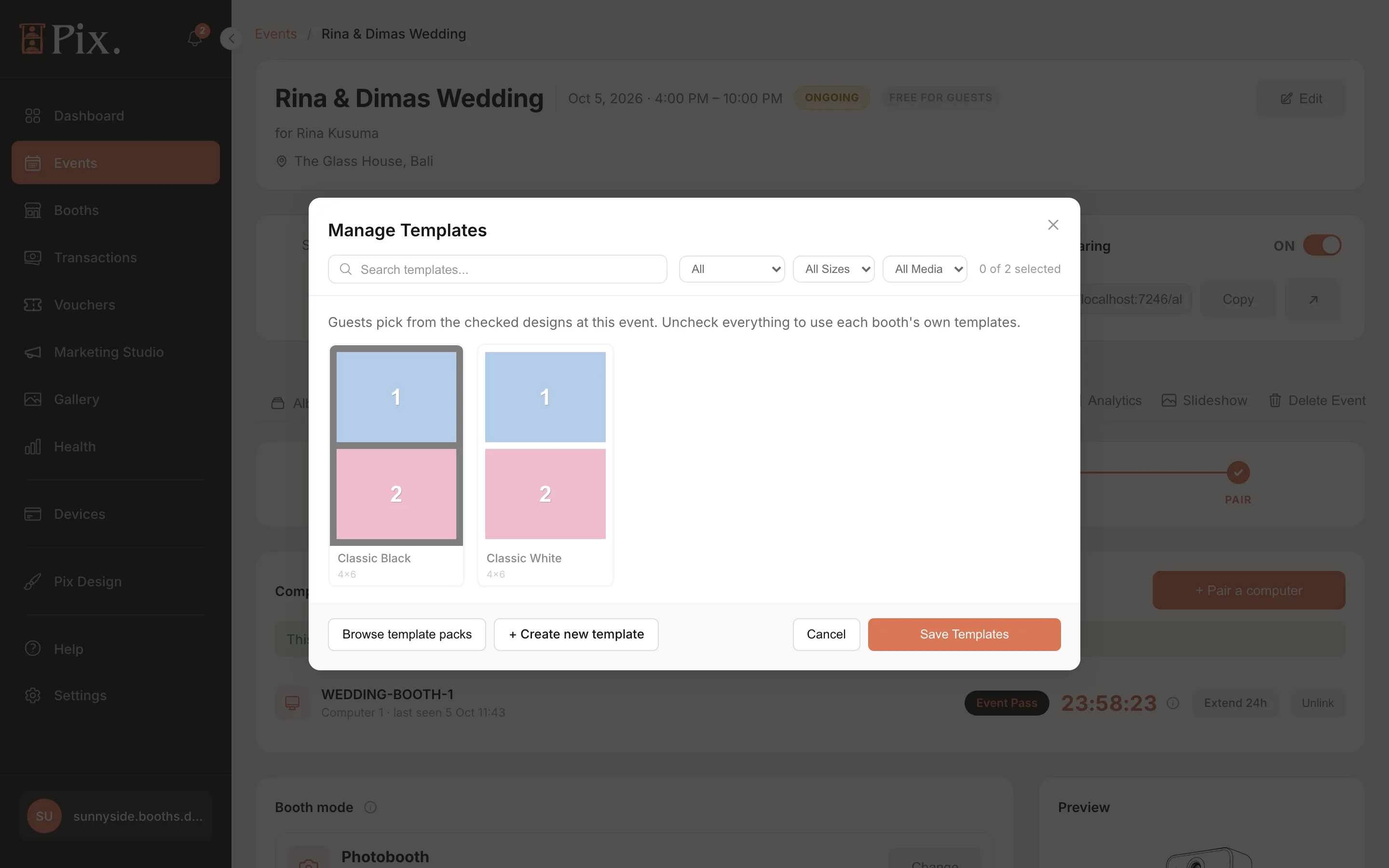 Manage Templates modal on an event