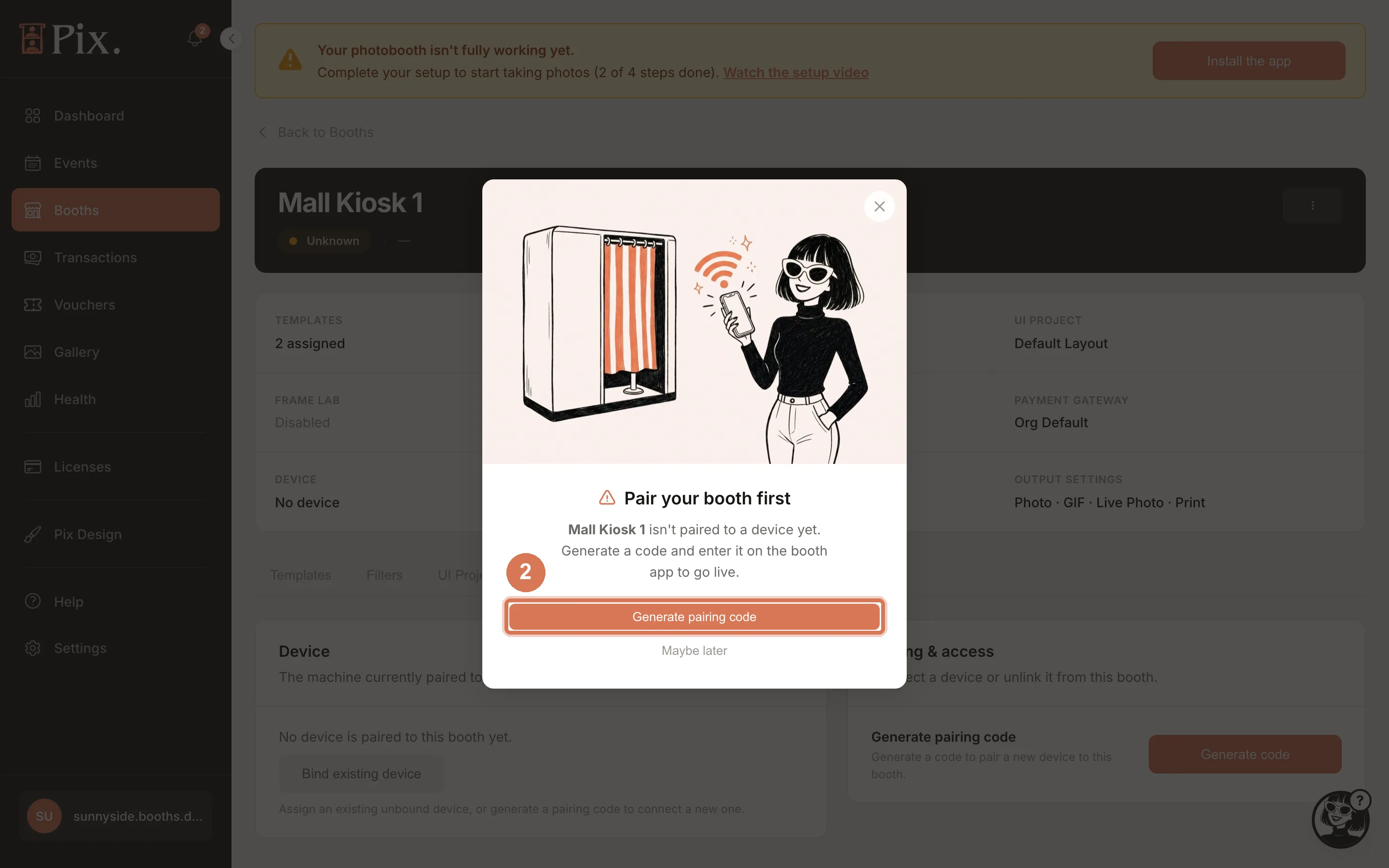 The Pair your booth first popup on an unpaired booth with the Generate pairing code and Maybe later buttons