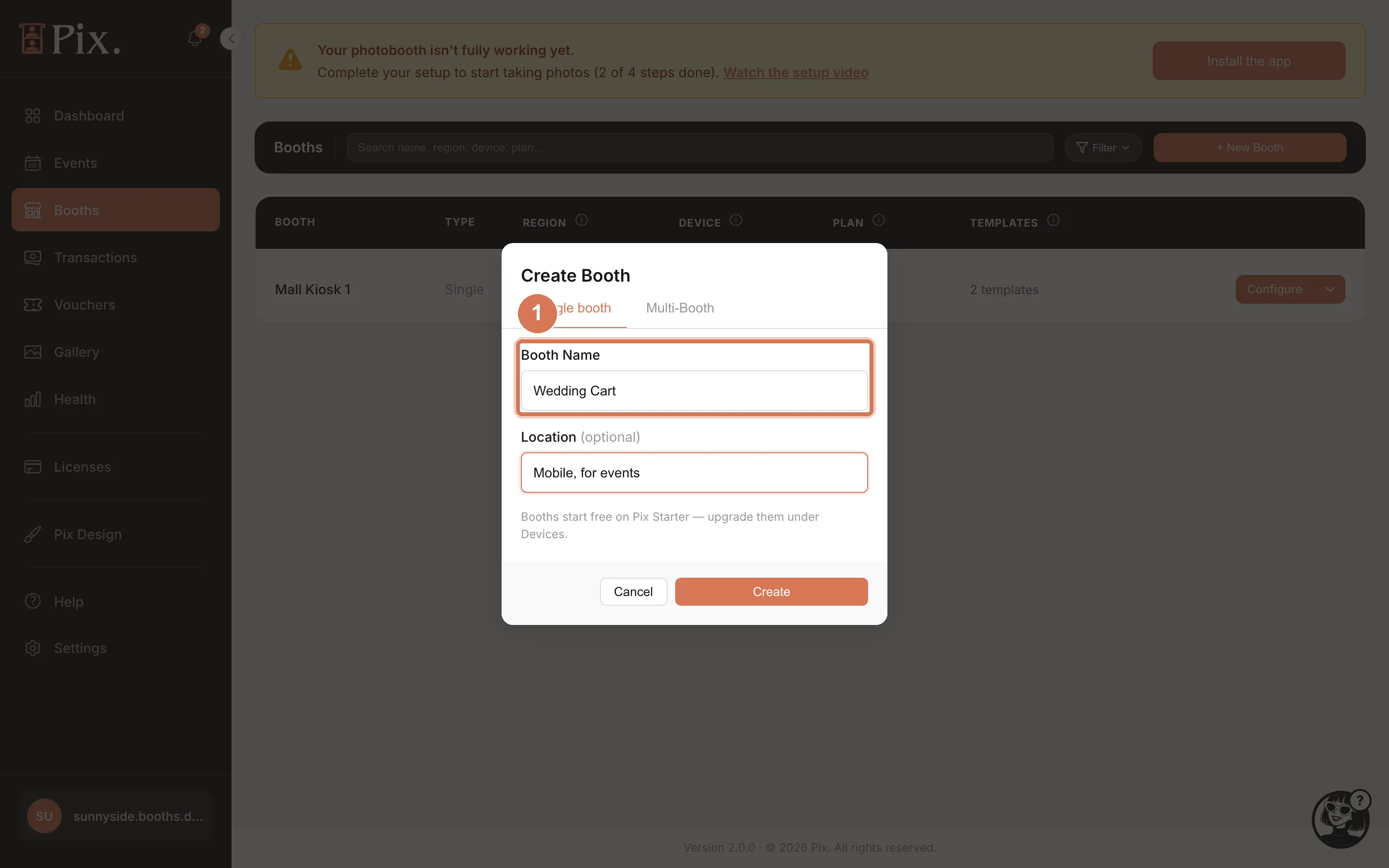 The Create Booth modal on the Single booth tab with Booth Name and Location filled