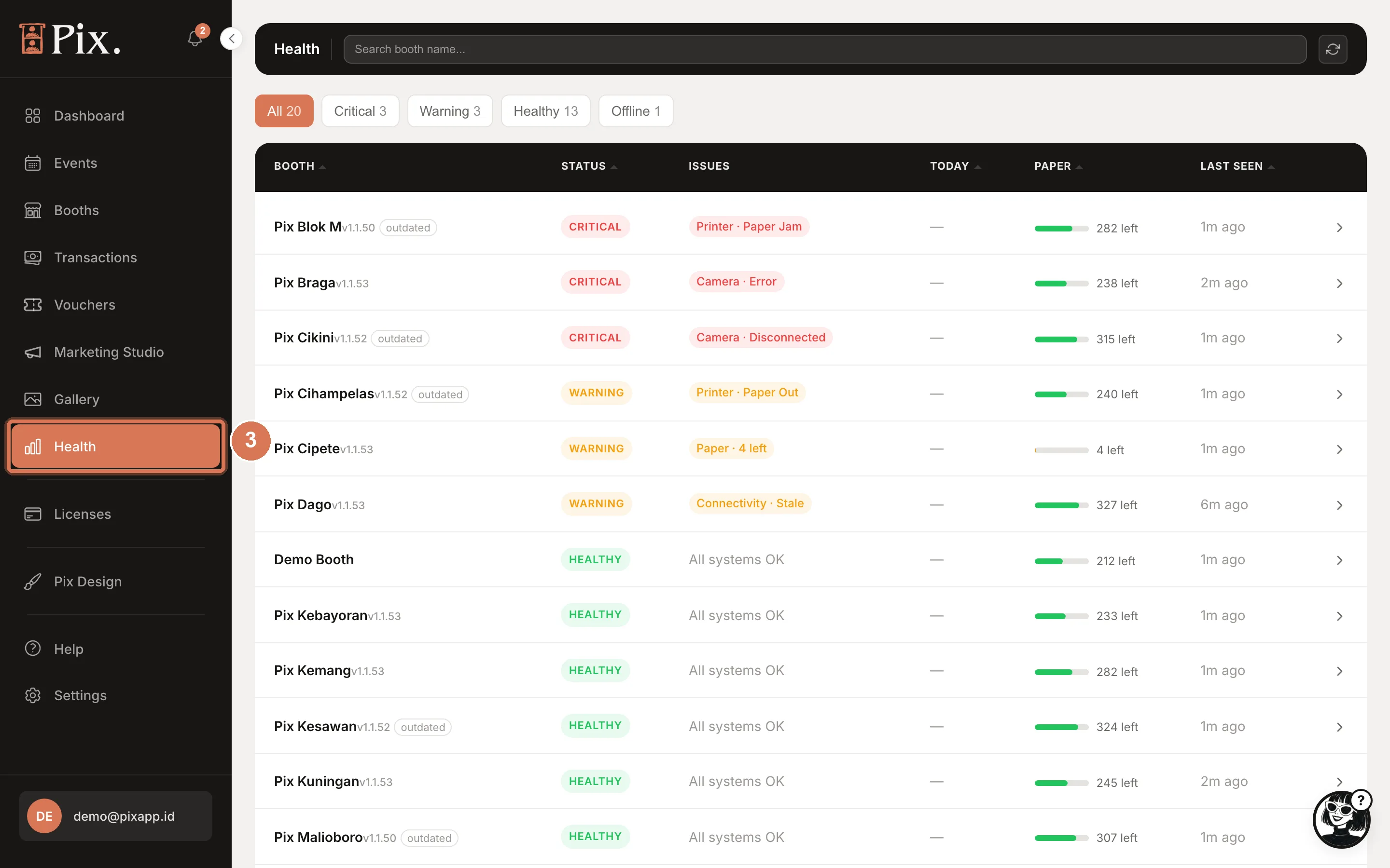 The Health page with booth rows showing Status, Issues, Today, Paper and Last seen, and the Error records section