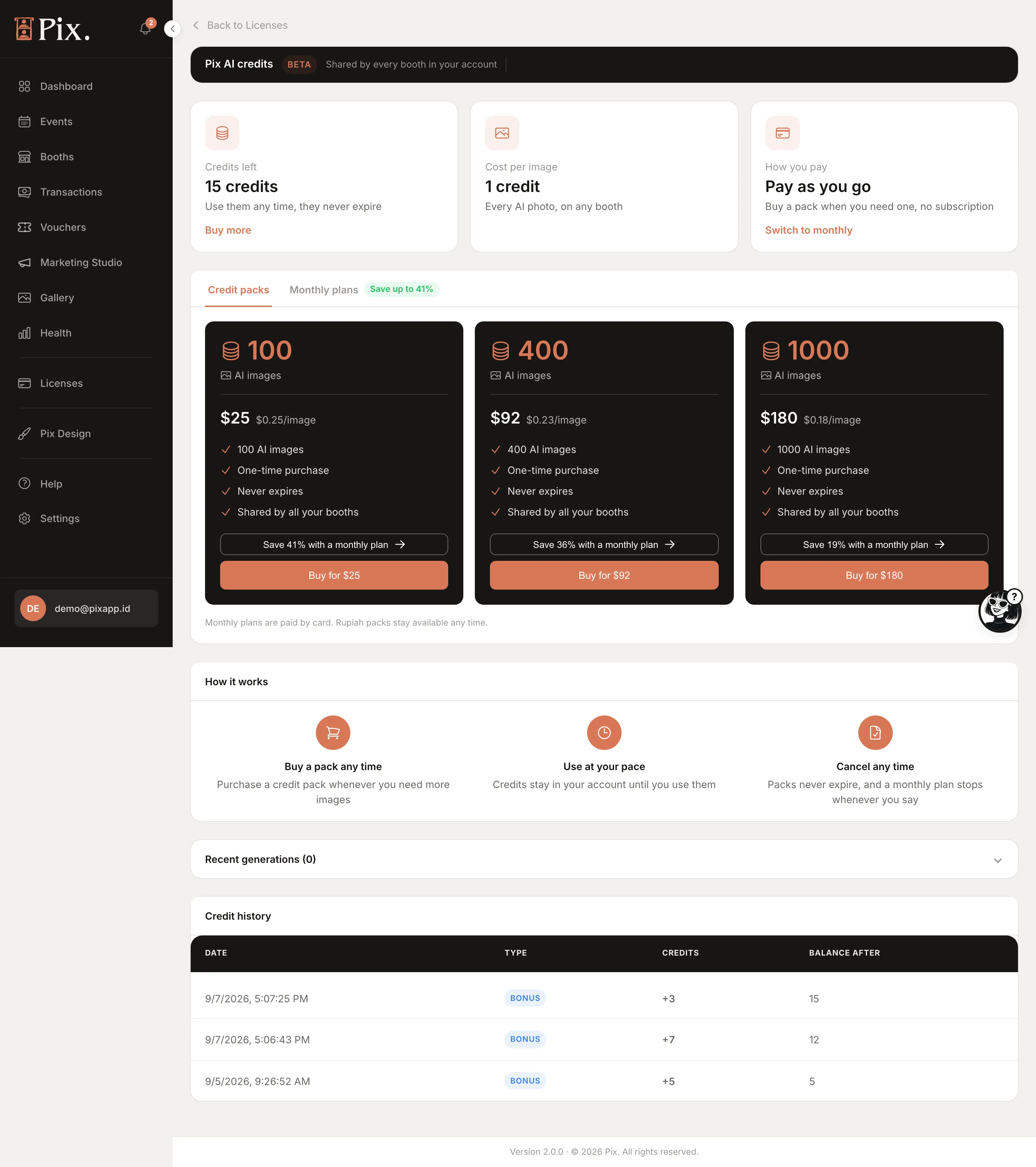 Pix AI credits page: Credits left, Buy more, cost per image, How you pay, credit packs