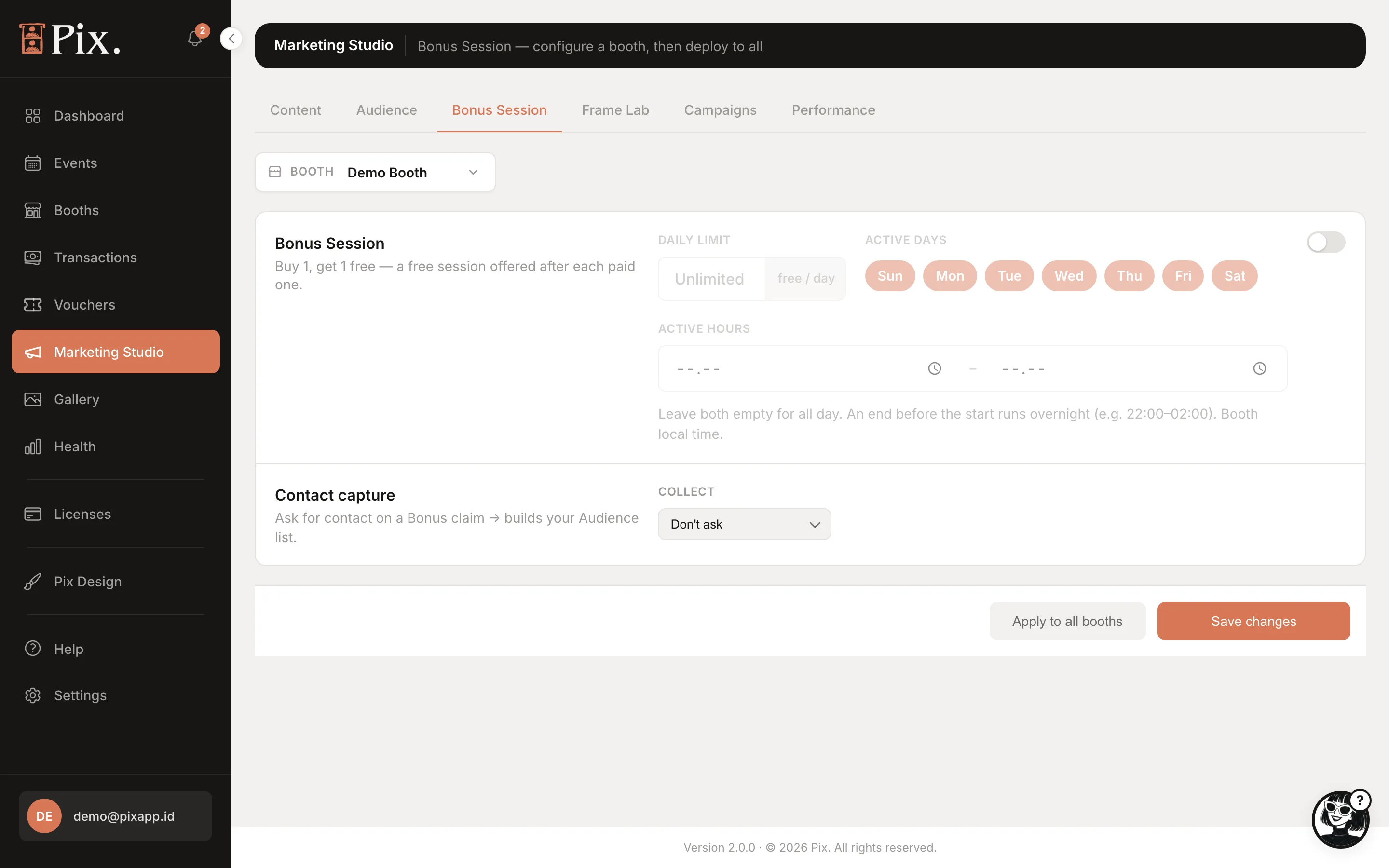 Marketing Studio Bonus Session tab: Buy 1 get 1 free, Daily limit, Active days, Active hours, Contact capture
