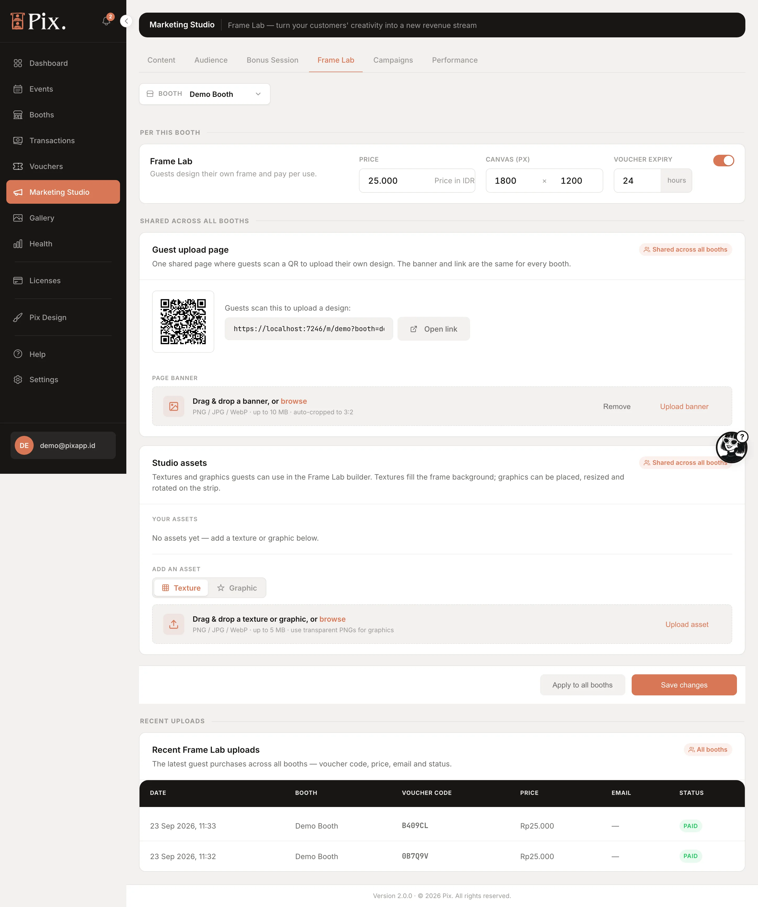 Recent Frame Lab uploads on the Marketing Studio Frame Lab tab with date, booth, voucher code, price, email and status