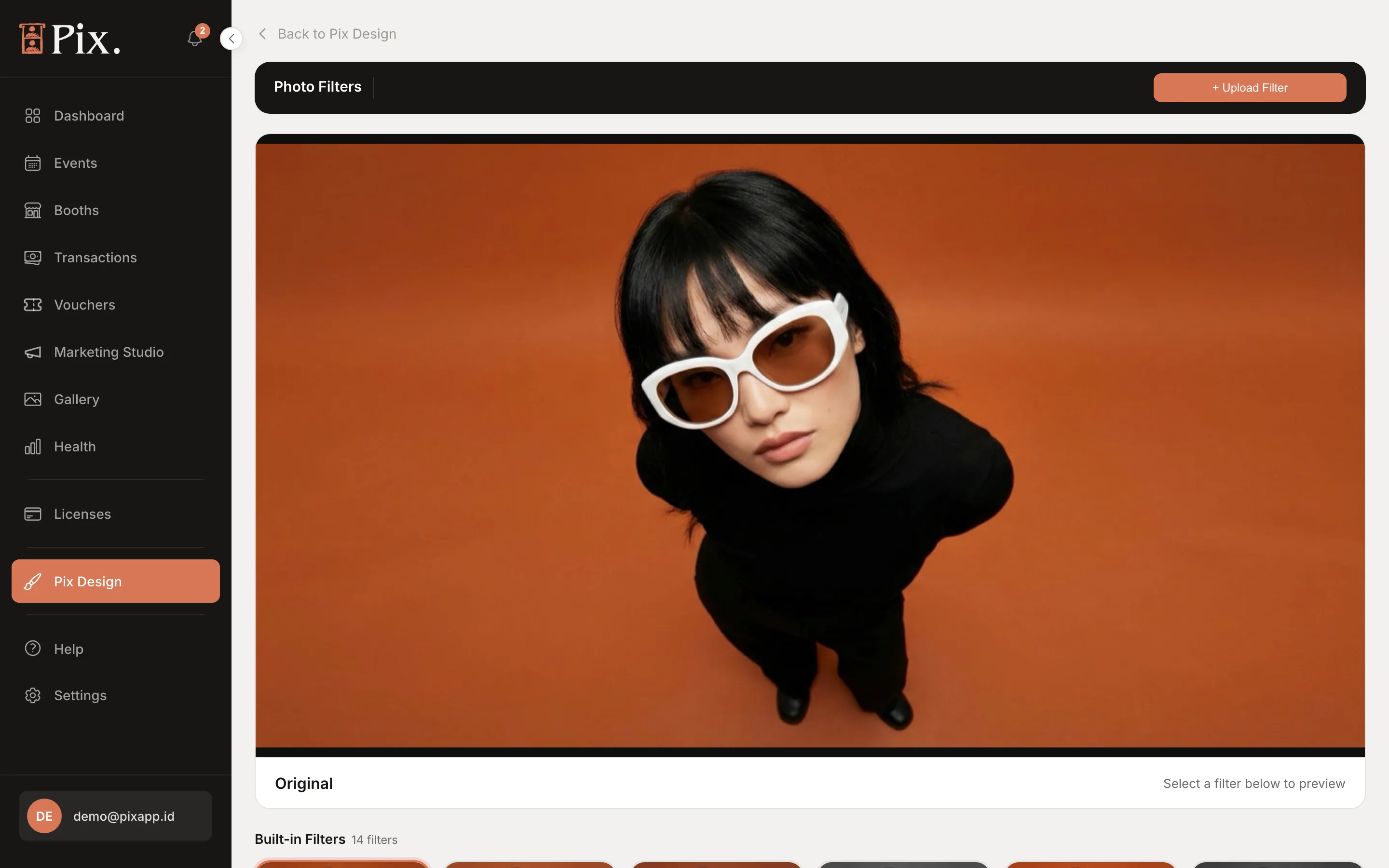 Photo Filters page with the built-in filters and Upload Filter