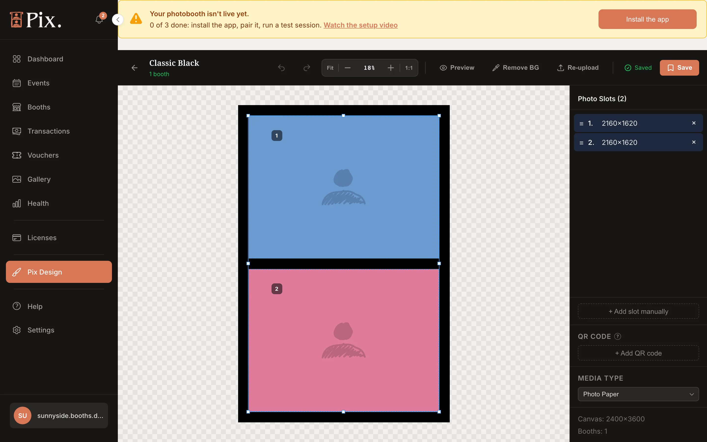 Template editor with both photo slots selected in one box with eight handles