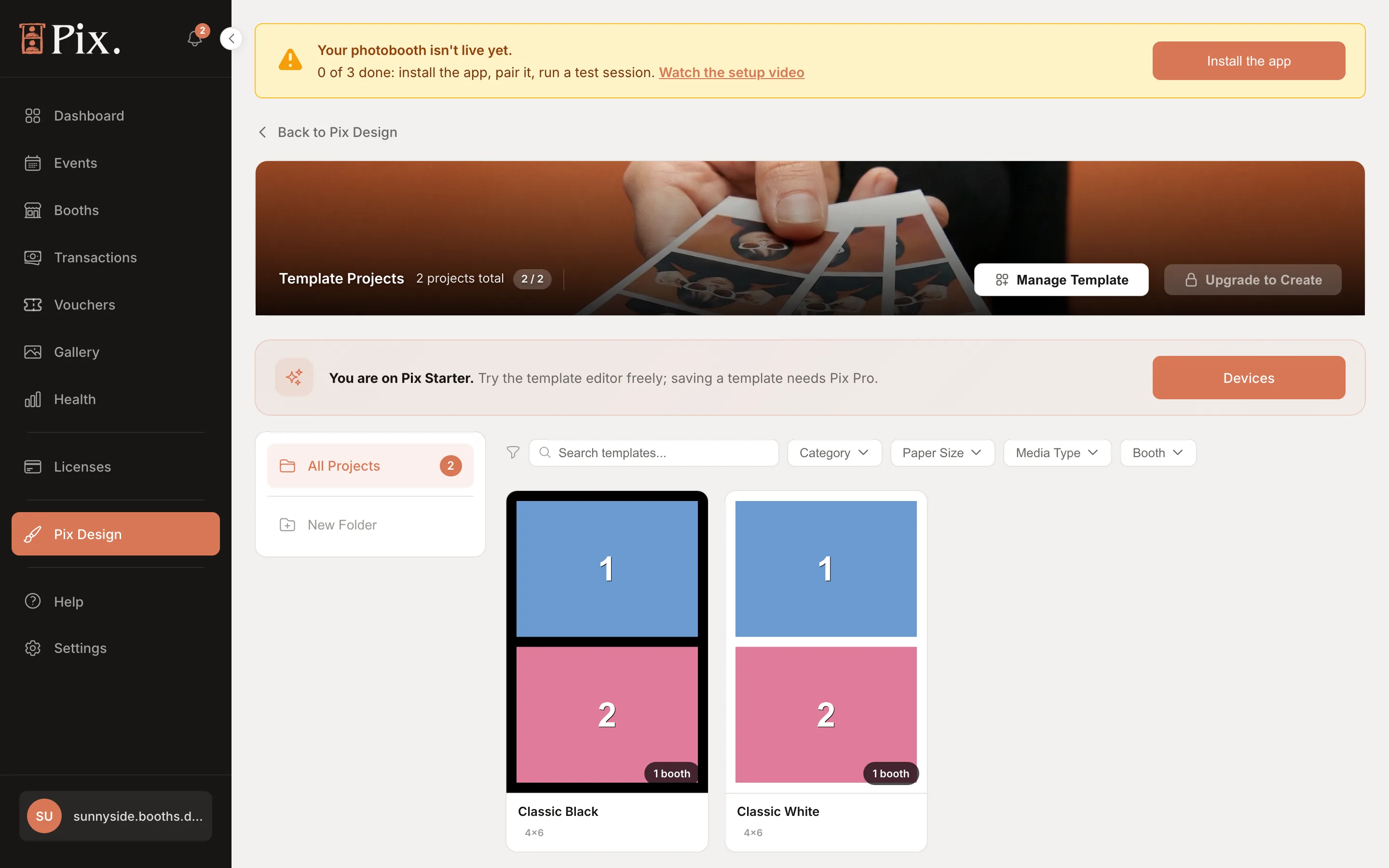 Template Projects list with folders, filters, the two ready-made templates with booth counts, Manage Template and, on Pix Starter, Upgrade to Create