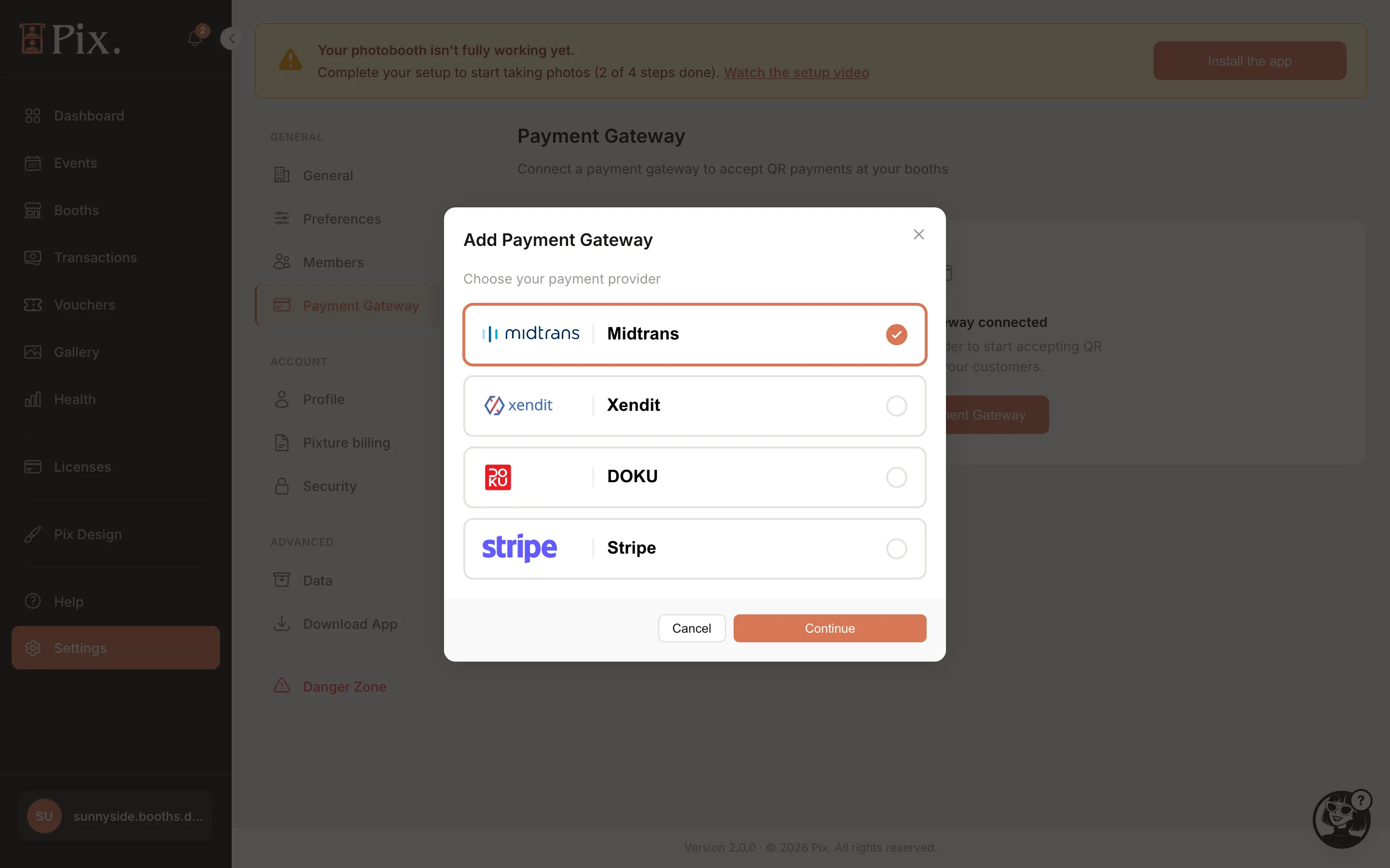 Add Payment Gateway modal, step 1 Choose your payment provider: Midtrans, Xendit, DOKU, Stripe